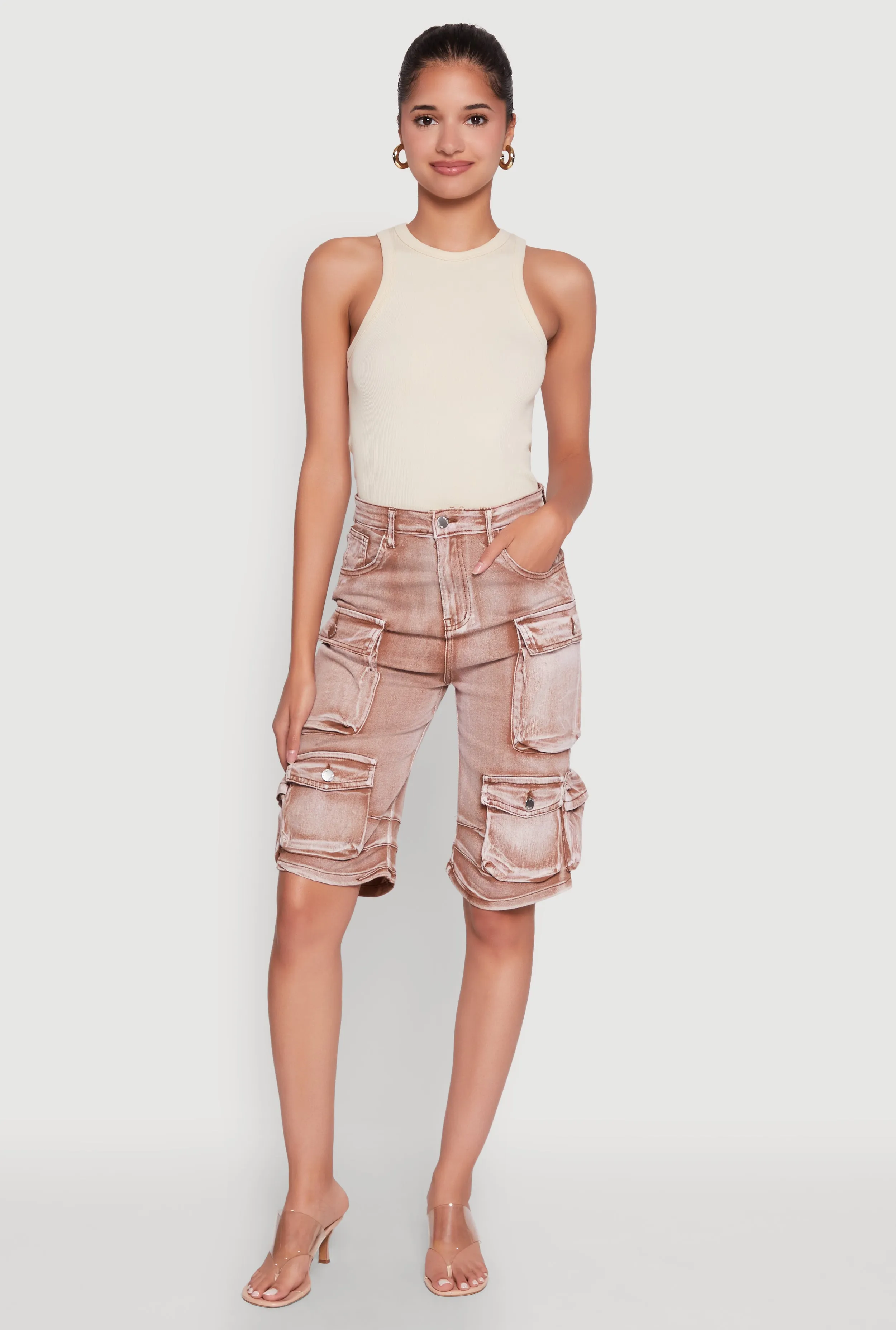 Daisy Trendy Mineral Wash High Waisted Denim Cargo Shorts sold by Rainbow