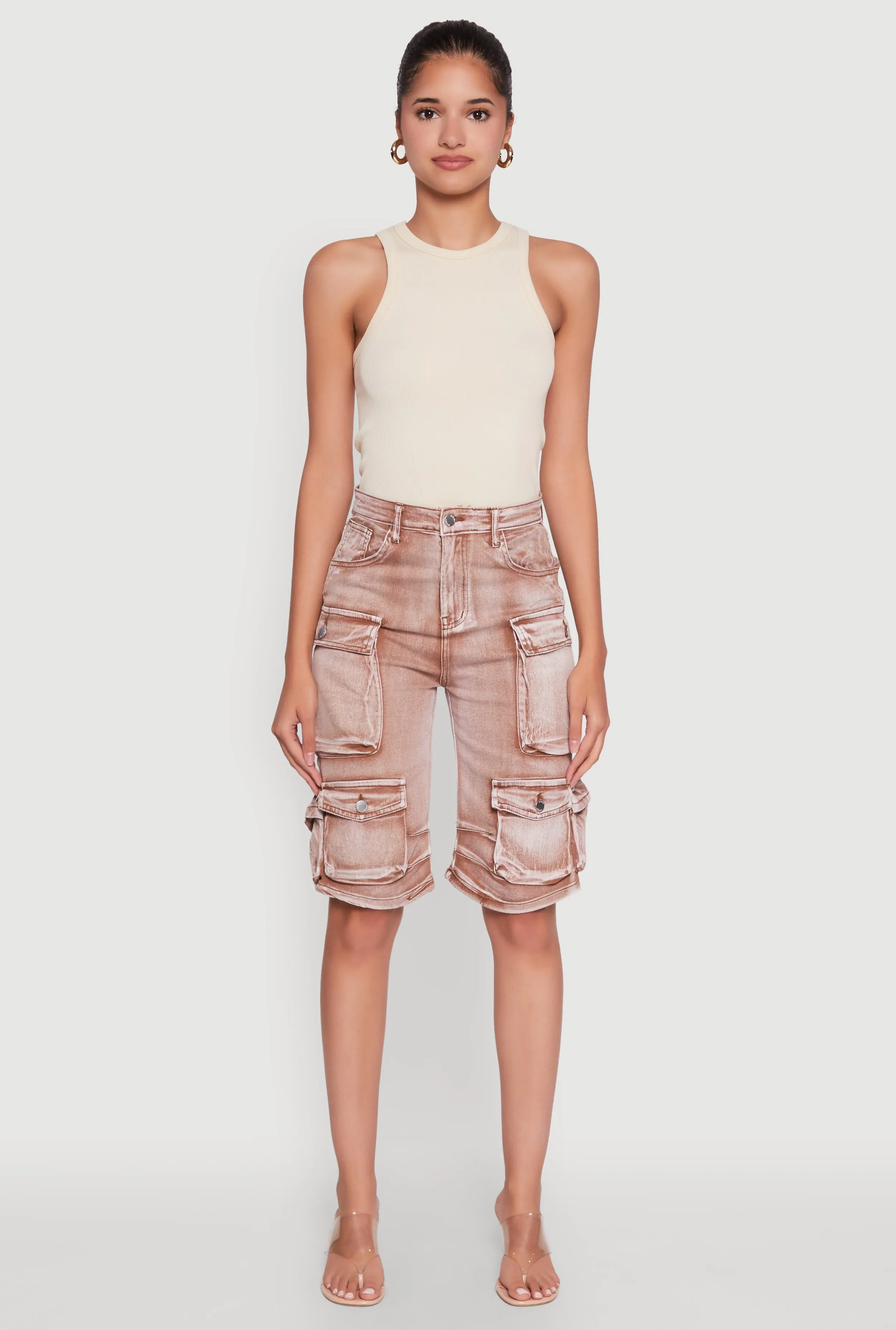 Daisy Trendy Mineral Wash High Waisted Denim Cargo Shorts sold by Rainbow product image thumbnail 2