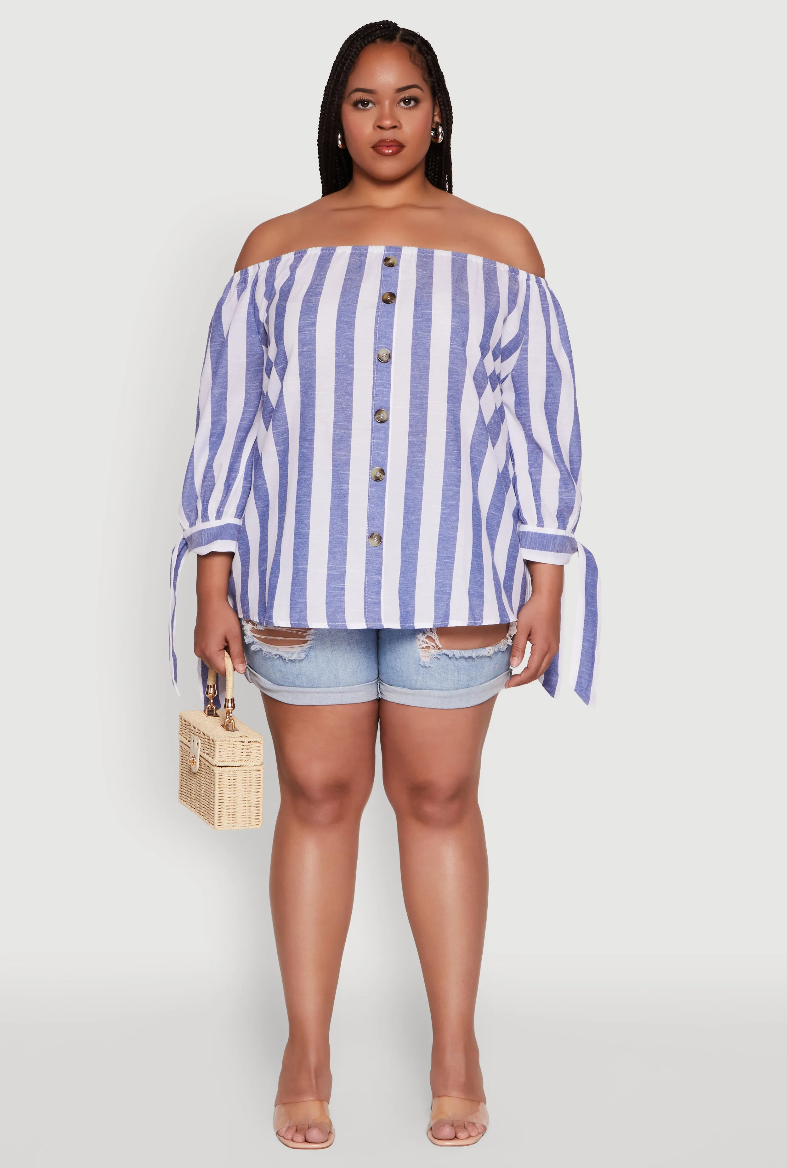 Plus Size Chic Off Shoulder Striped Blouse sold by Rainbow