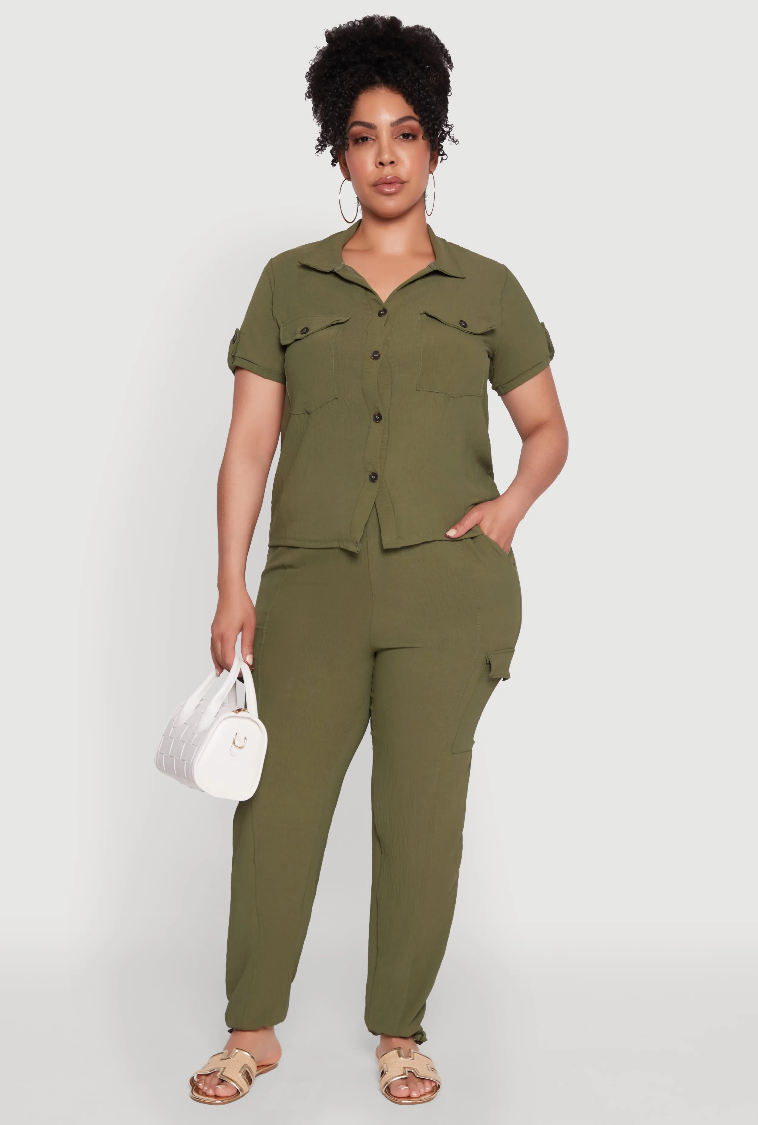 Plus Size Tabbed Sleeve Button Front Crepe Knit Shirt sold by Rainbow product image thumbnail 2