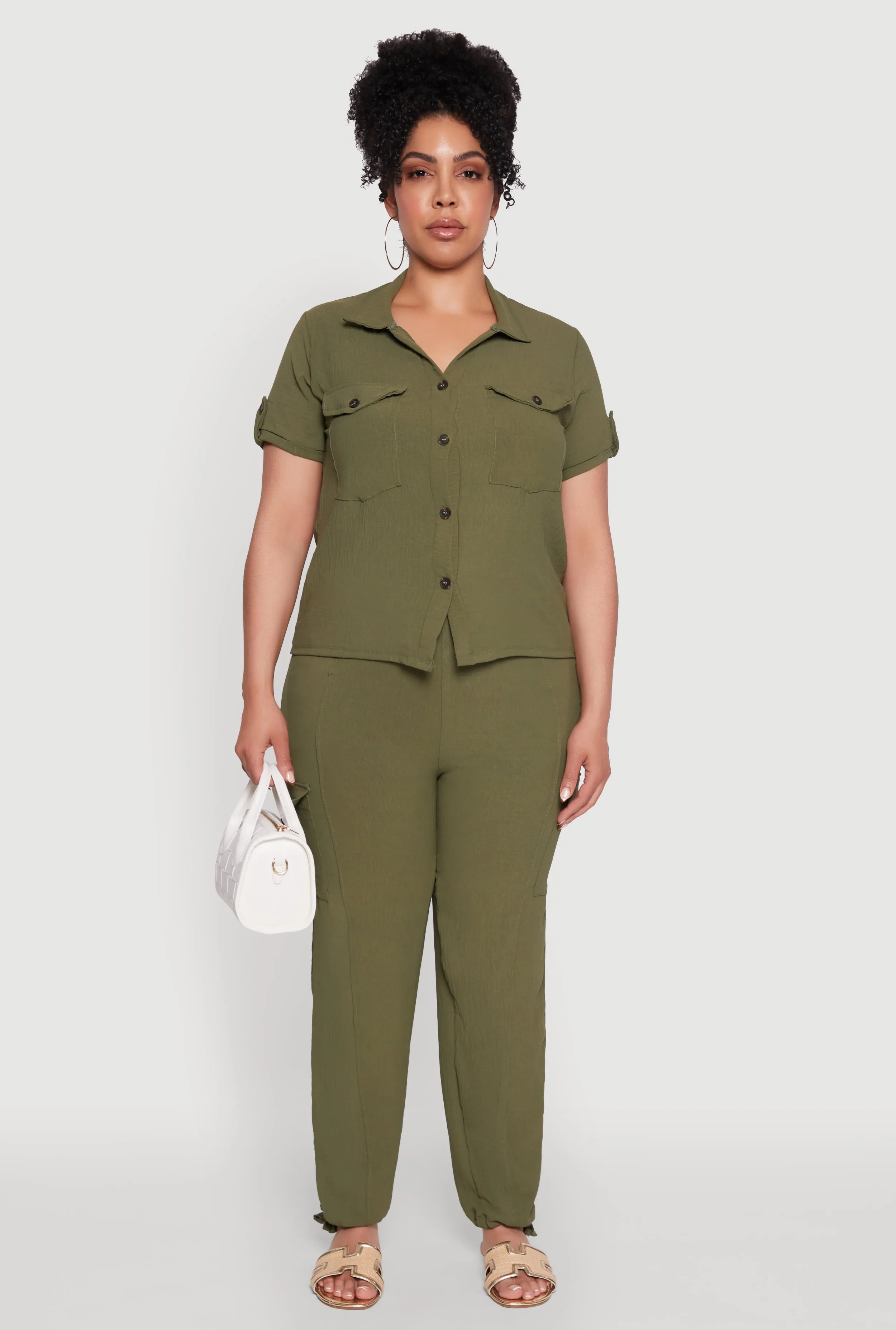 Plus Size Tabbed Sleeve Button Front Crepe Knit Shirt sold by Rainbow product image thumbnail 3