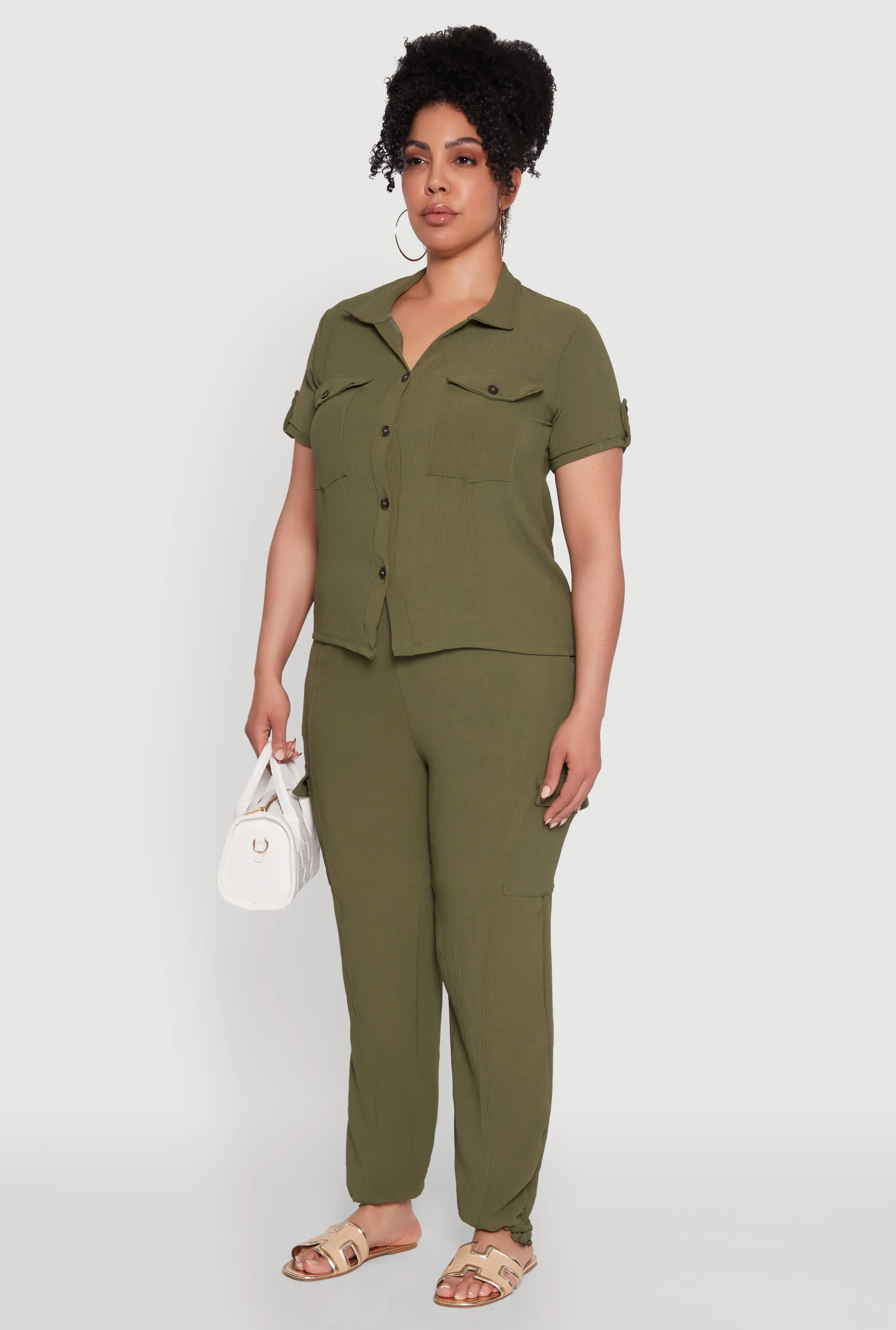 Plus Size Tabbed Sleeve Button Front Crepe Knit Shirt sold by Rainbow product image thumbnail 5