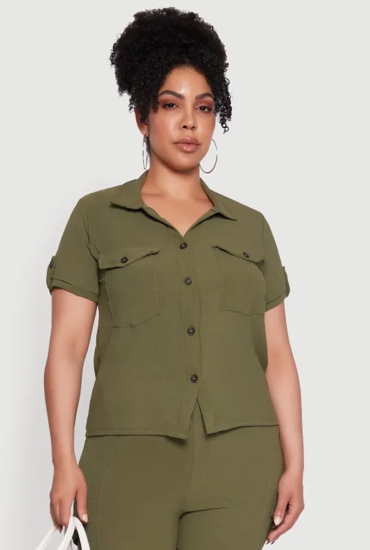 Plus Size Tabbed Sleeve Button Front Crepe Knit Shirt sold by Rainbow