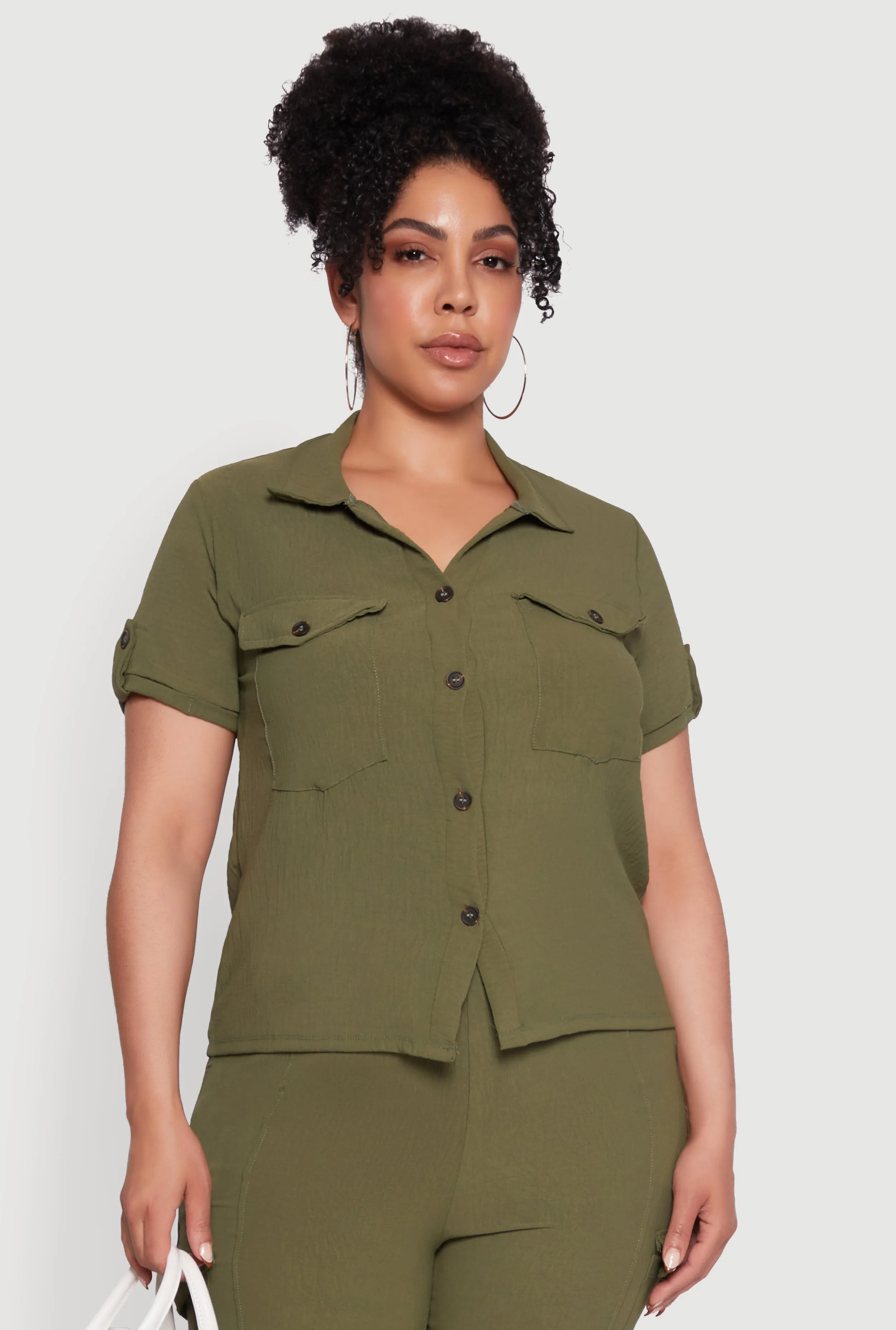 Plus Size Tabbed Sleeve Button Front Crepe Knit Shirt sold by Rainbow