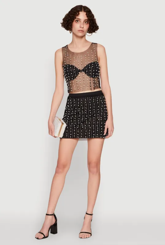 Rhinestone Faux Pearl Mesh Overlay High Waisted Mini Skirt sold by Rainbow