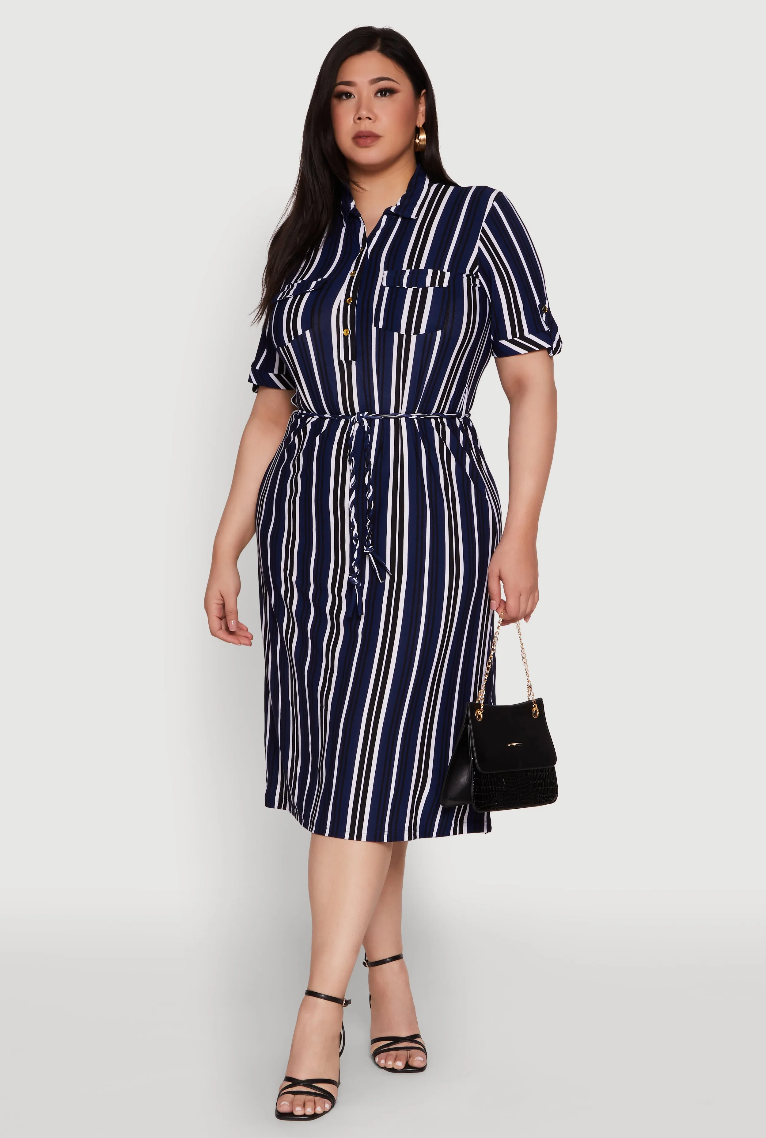 Plus Size Striped Shirt Dress with Tie Waist Belt and Flap Pockets sold by Rainbow product image thumbnail 2