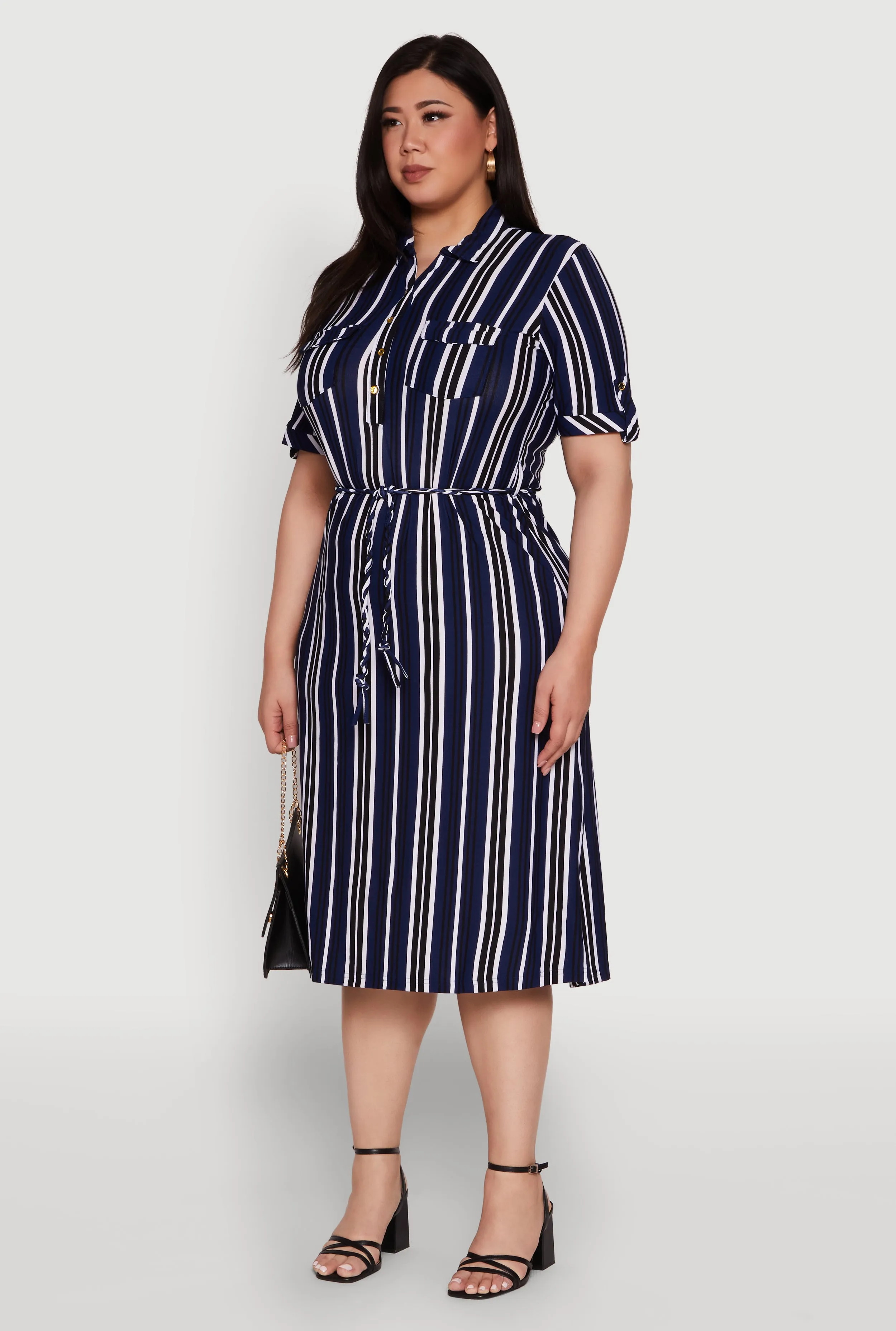 Plus Size Striped Shirt Dress with Tie Waist Belt and Flap Pockets sold by Rainbow product image thumbnail 3