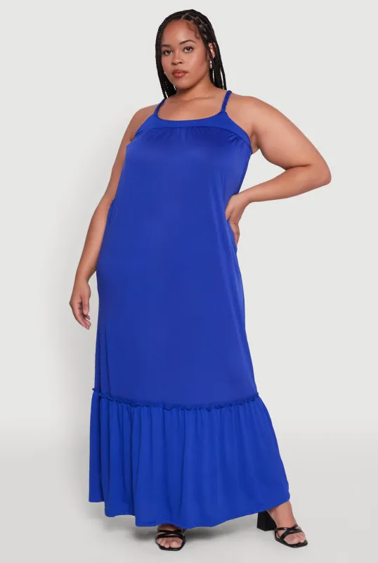 Plus Size Crepe Knit Cami Dress with Flounce Hem and Braided Straps sold by Rainbow