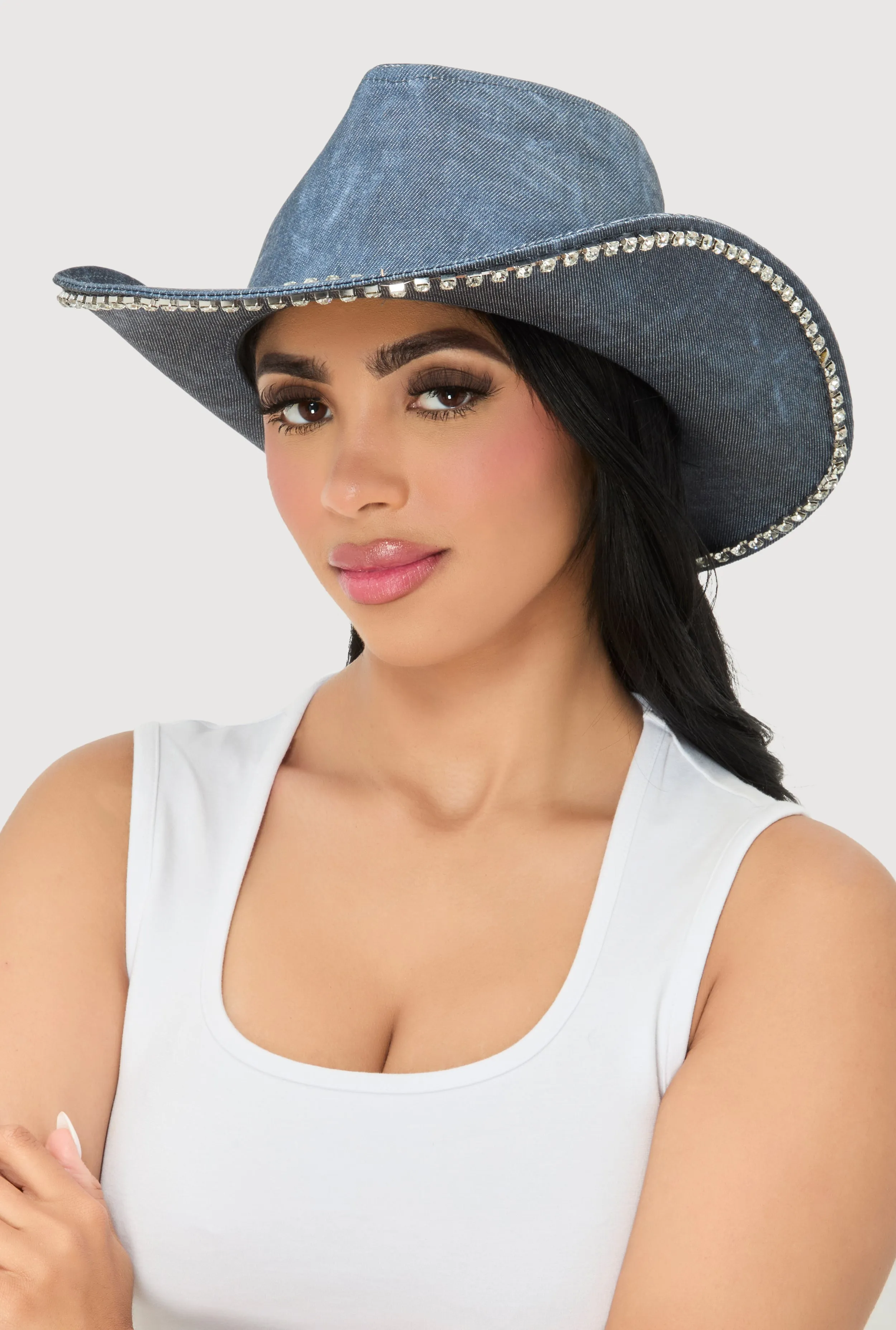 Rhinestone Trim Denim Print Cowboy Hat sold by Rainbow product image thumbnail 2