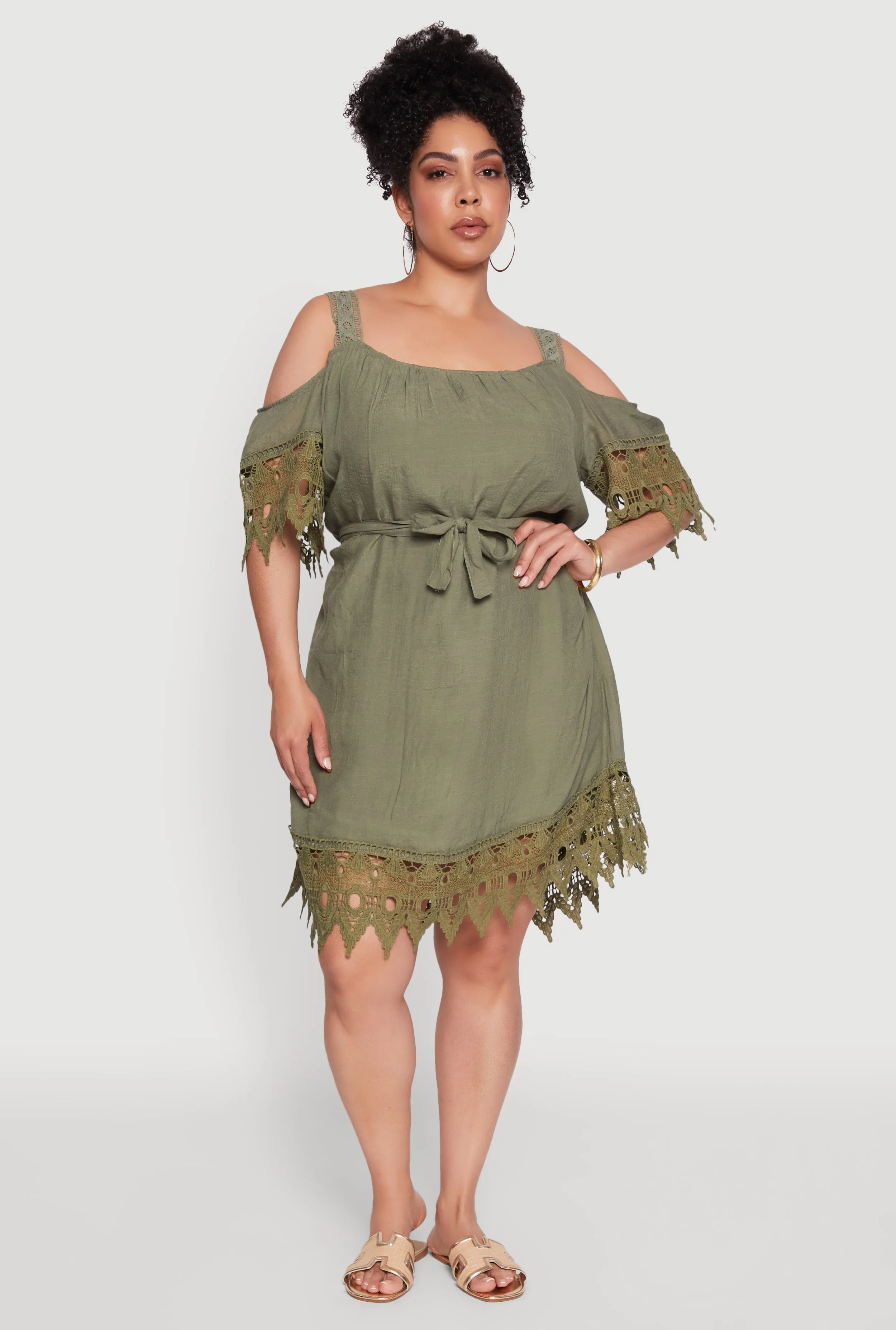 Plus Size Chic Crochet Detail Gauze Knit Cold Shoulder Dress sold by Rainbow