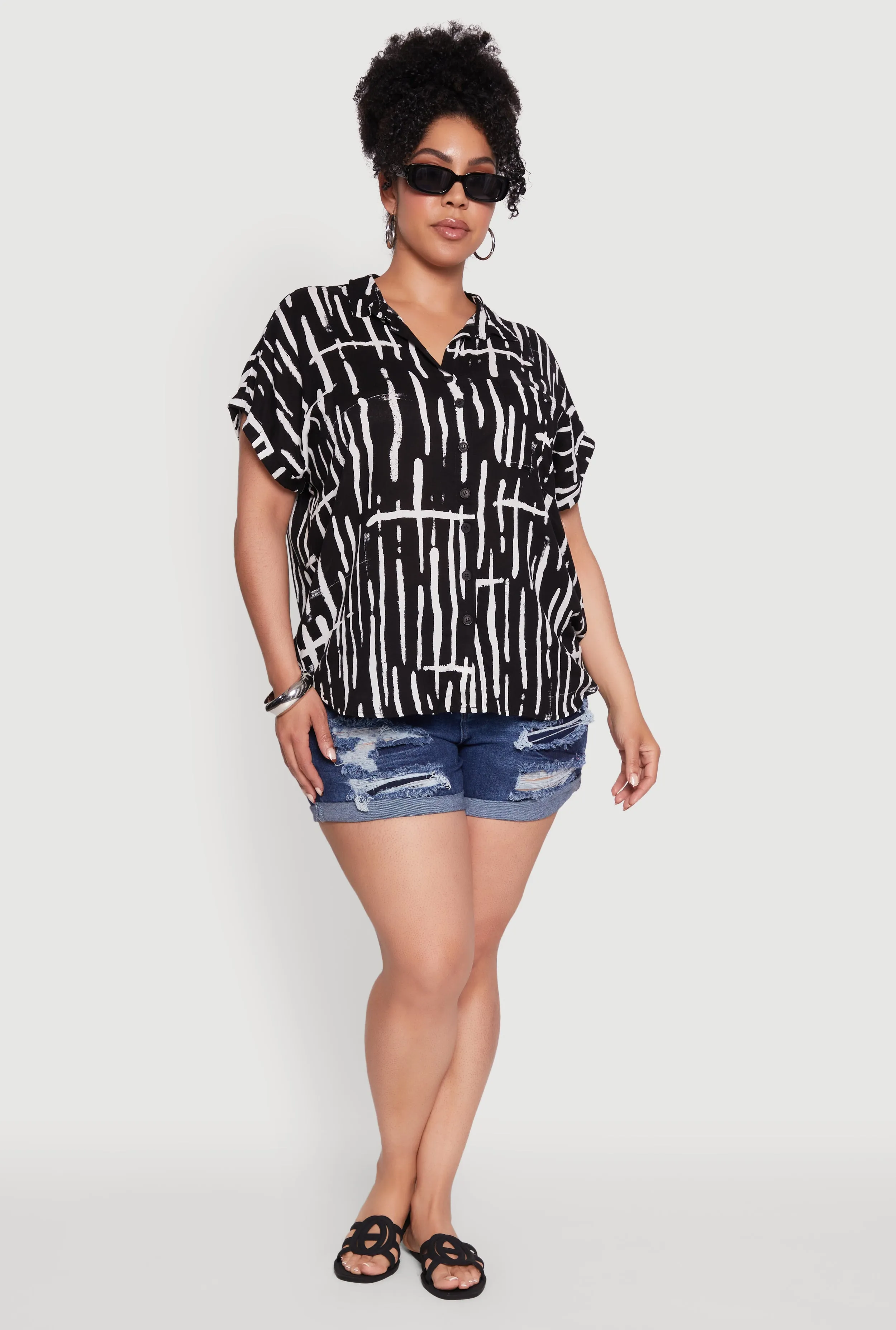 Plus Size Abstract Print Button Front High Low Shirt sold by Rainbow
