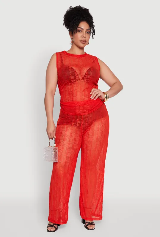 Plus Size Stylish High Waisted Wavy Stripe Mesh Palazzo Pants sold by Rainbow