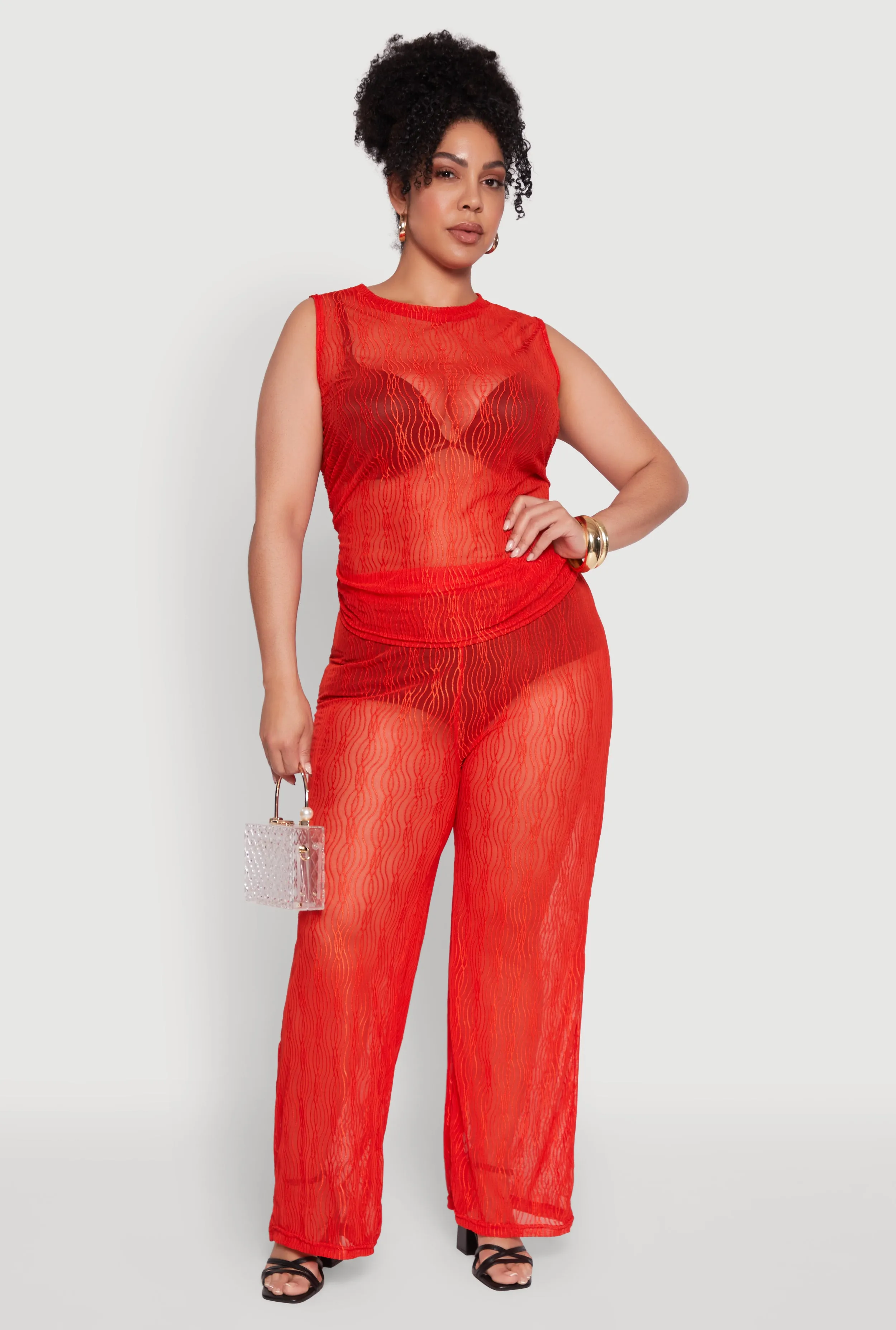 Plus Size Stylish High Waisted Wavy Stripe Mesh Palazzo Pants sold by Rainbow