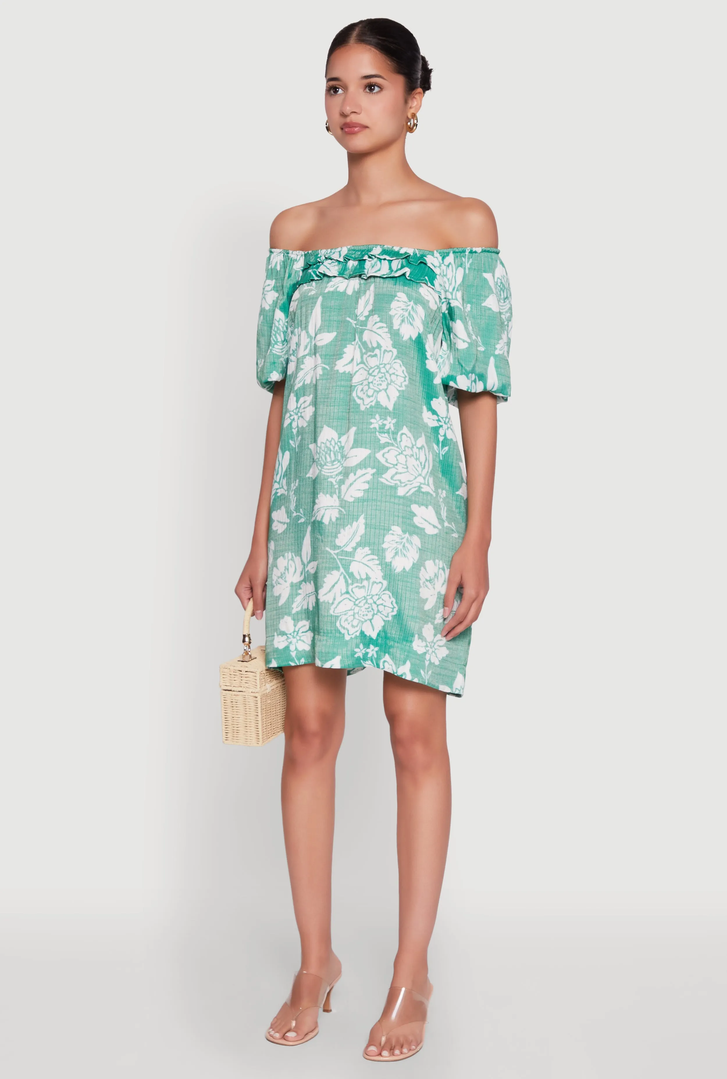 Floral Off Shoulder Bubble Sleeve Shift Dress with Ruffles sold by Rainbow product image thumbnail 3