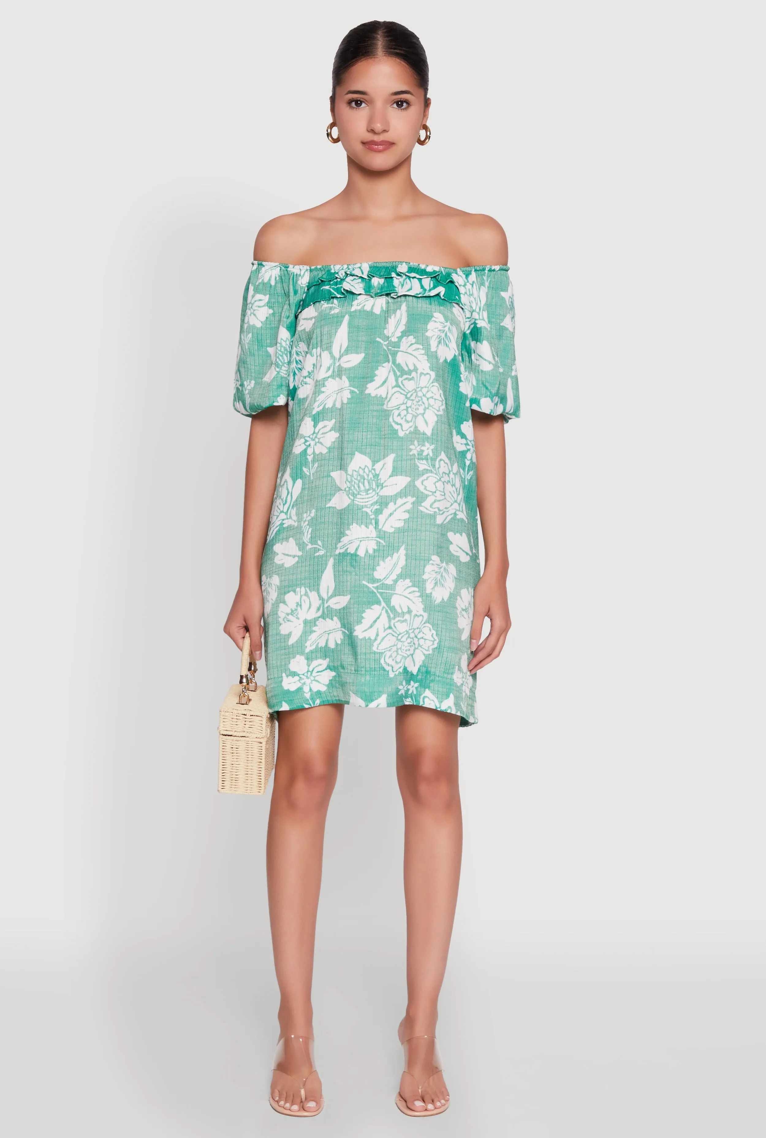 Floral Off Shoulder Bubble Sleeve Shift Dress with Ruffles sold by Rainbow