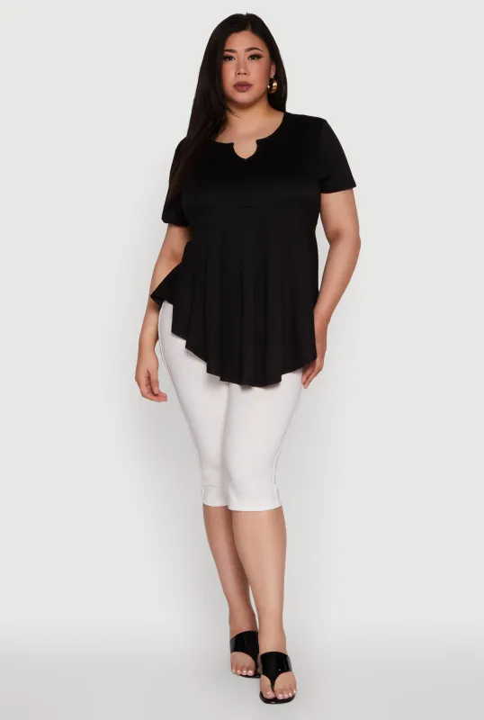 Plus Size Stylish Peplum Top with Notch Neck and Short Sleeves sold by Rainbow