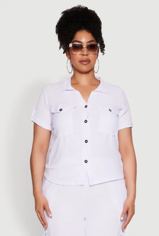 Plus Size Tabbed Sleeve Button Front Crepe Knit Shirt sold by Rainbow