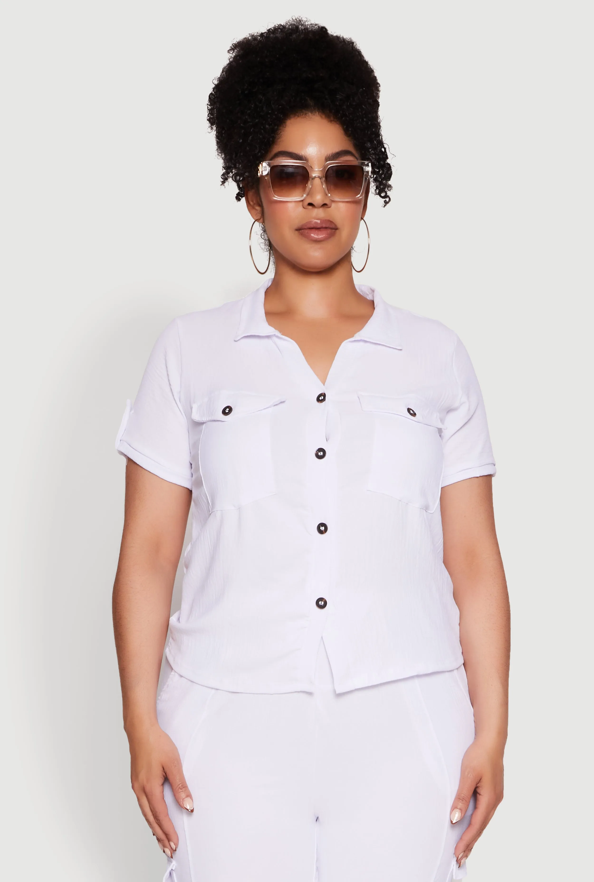 Plus Size Tabbed Sleeve Button Front Crepe Knit Shirt sold by Rainbow