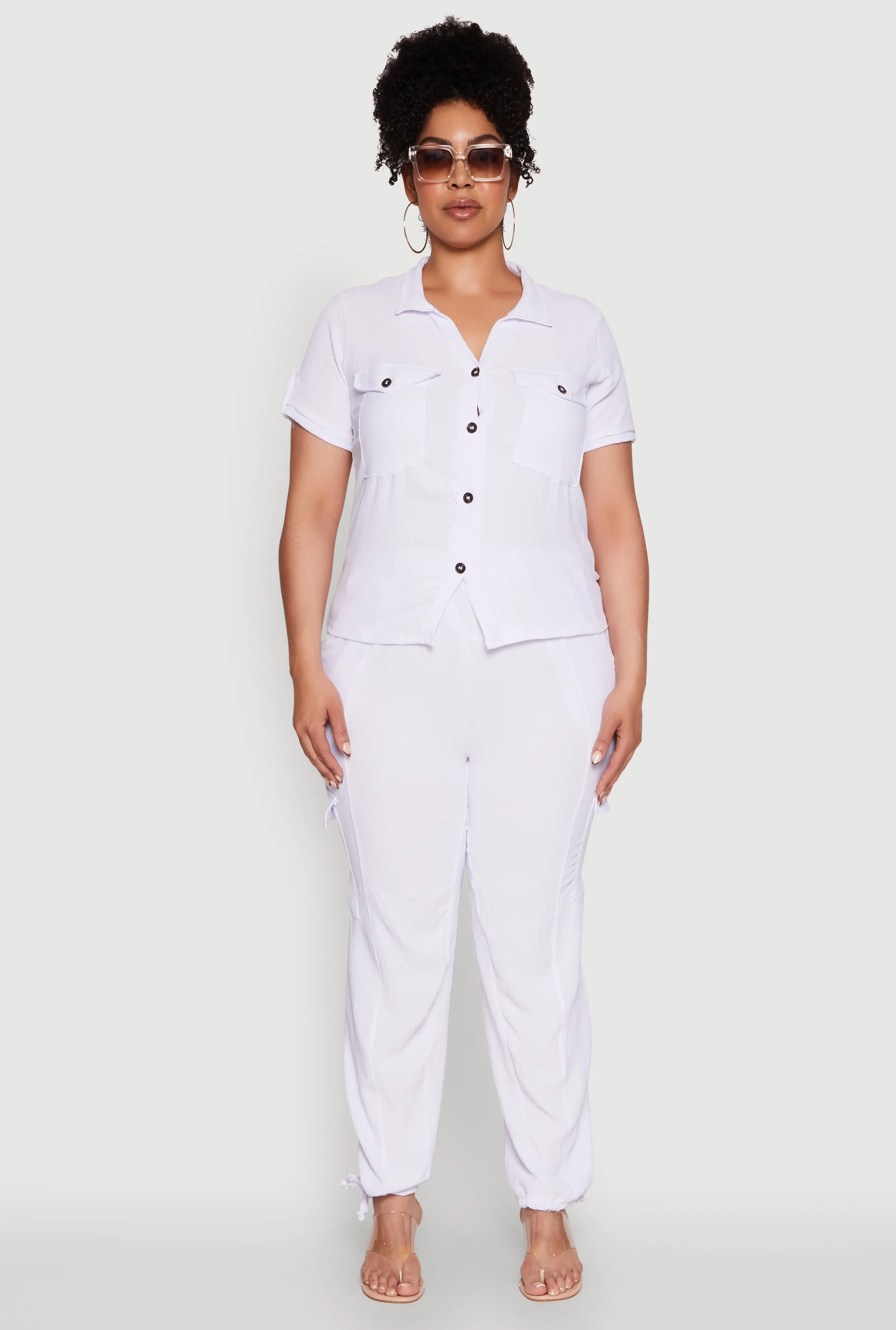 Plus Size Tabbed Sleeve Button Front Crepe Knit Shirt sold by Rainbow product image thumbnail 2