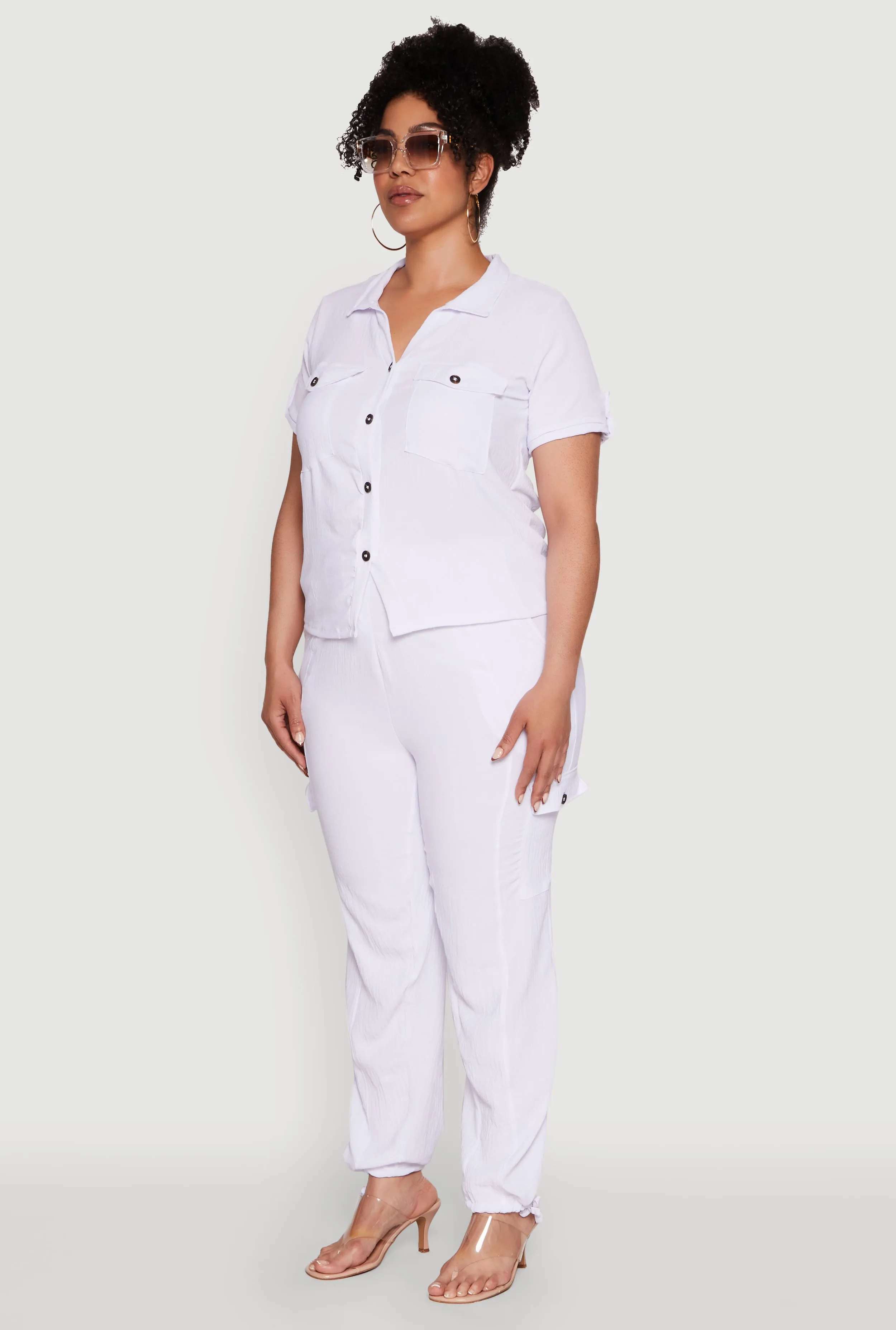 Plus Size Tabbed Sleeve Button Front Crepe Knit Shirt sold by Rainbow product image thumbnail 5