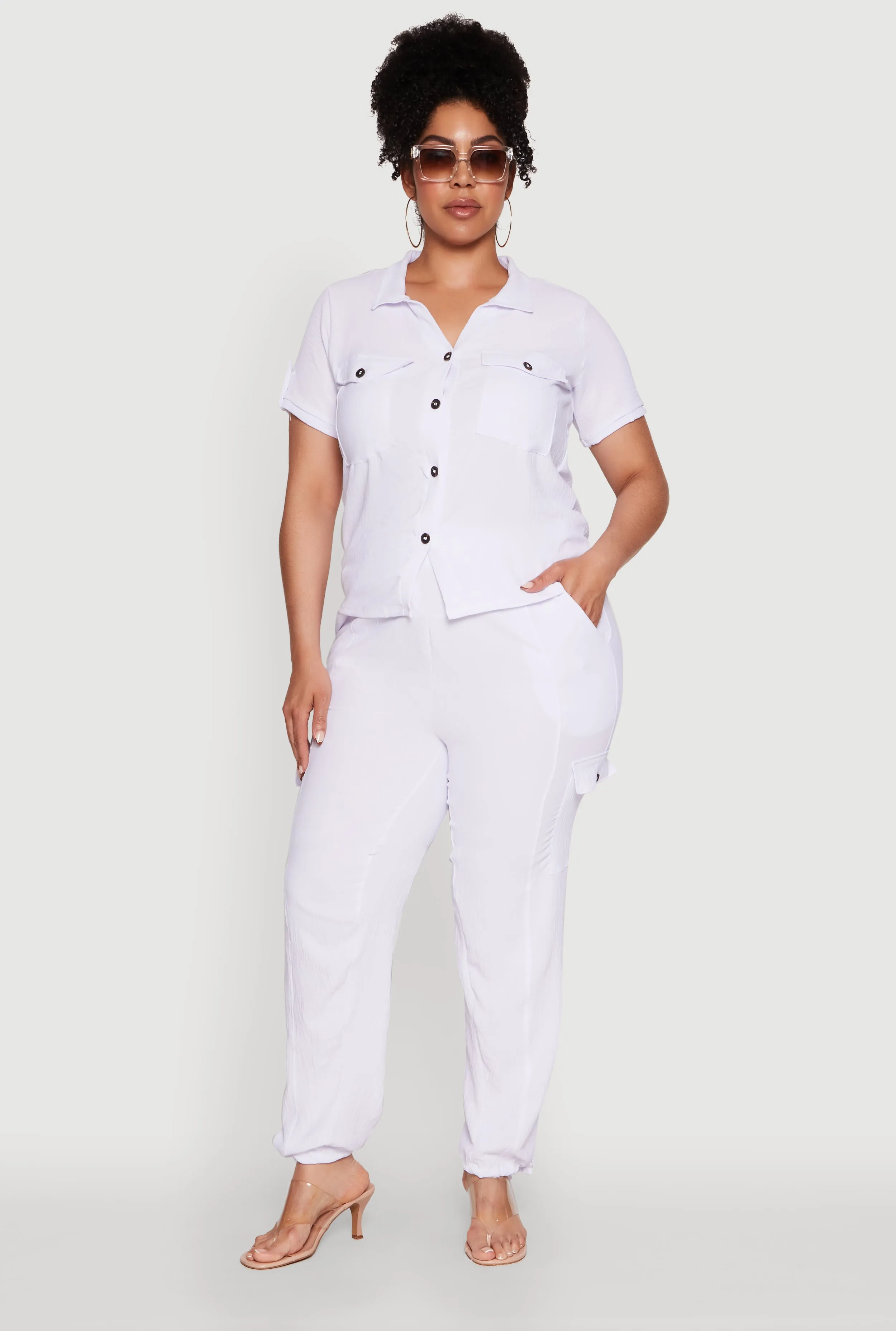 Plus Size Tabbed Sleeve Button Front Crepe Knit Shirt sold by Rainbow product image thumbnail 3