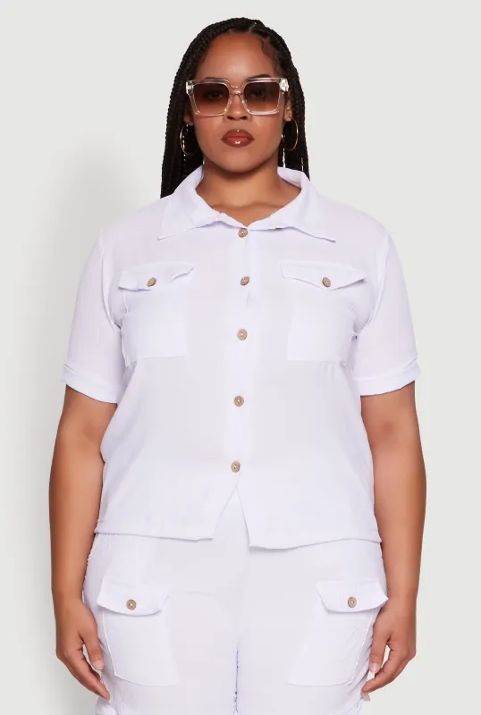 Plus Size Crepe Knit Cargo Pocket Button Front Shirt sold by Rainbow