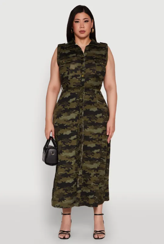 Plus Size Chic Sleeveless Shirt Dress with Tie Waist Belt sold by Rainbow