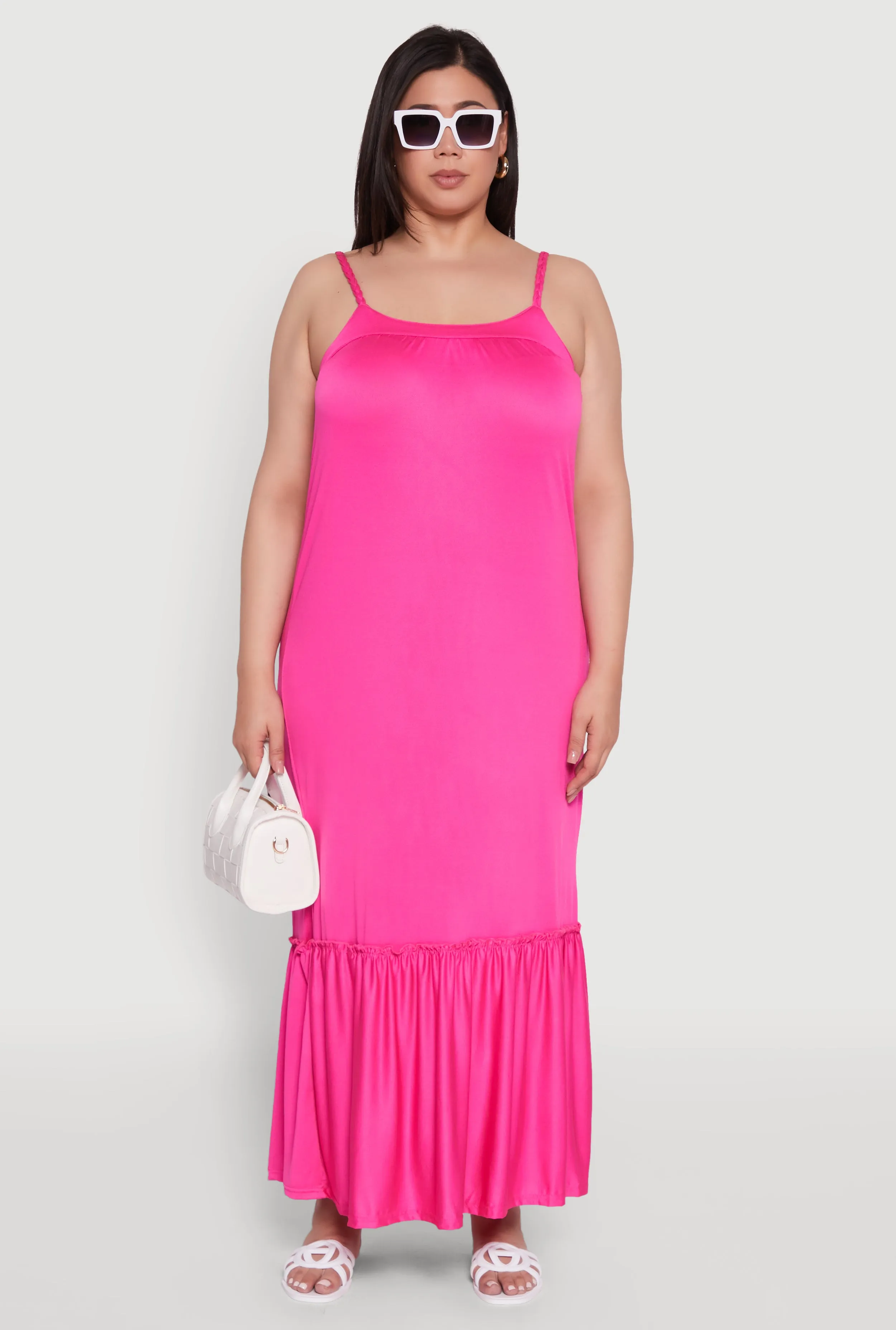 Plus Size Crepe Knit Cami Dress with Flounce Hem and Braided Straps sold by Rainbow