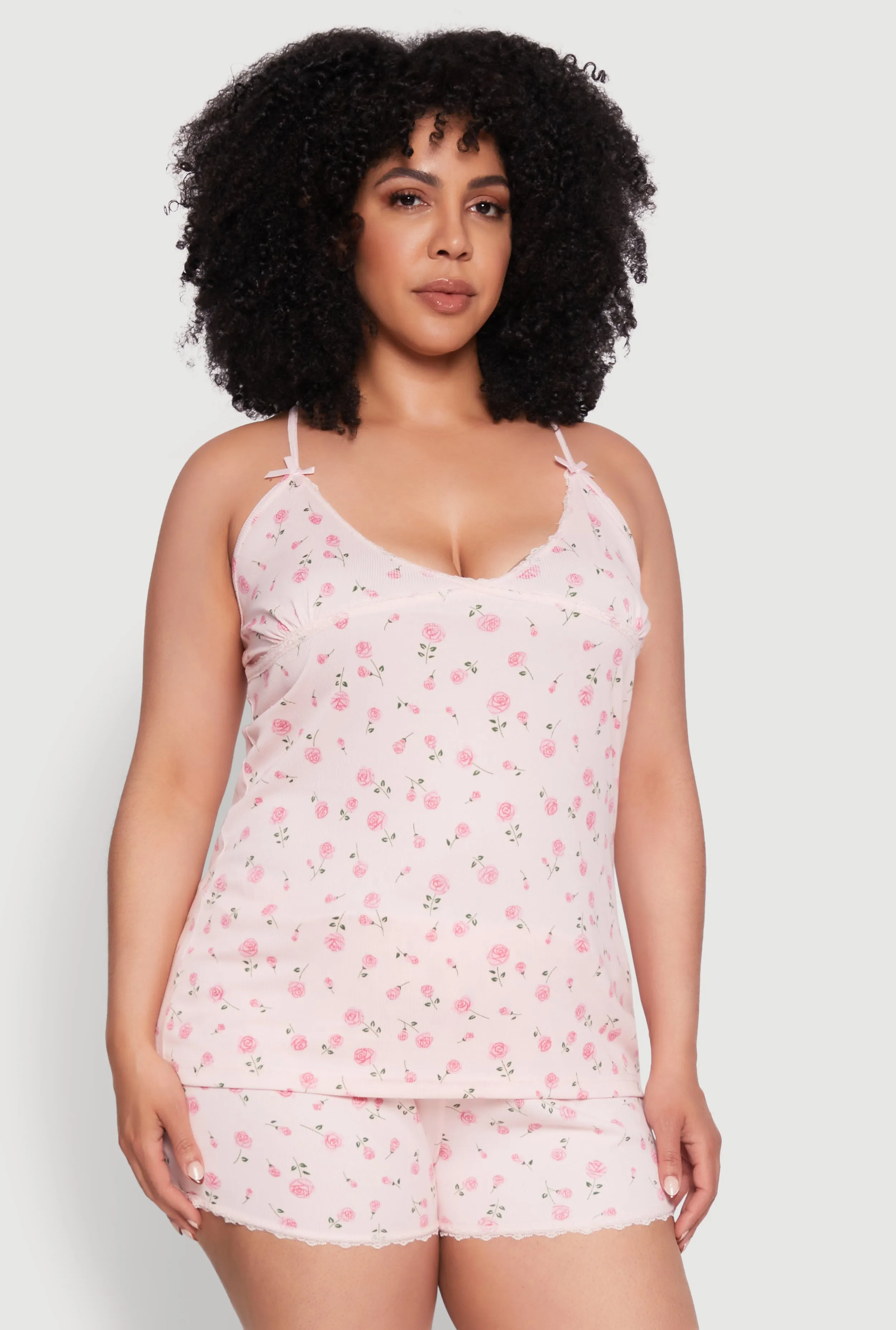 Plus Size Rose Print Sleeveless Pajama Top and Shorts Set sold by Rainbow
