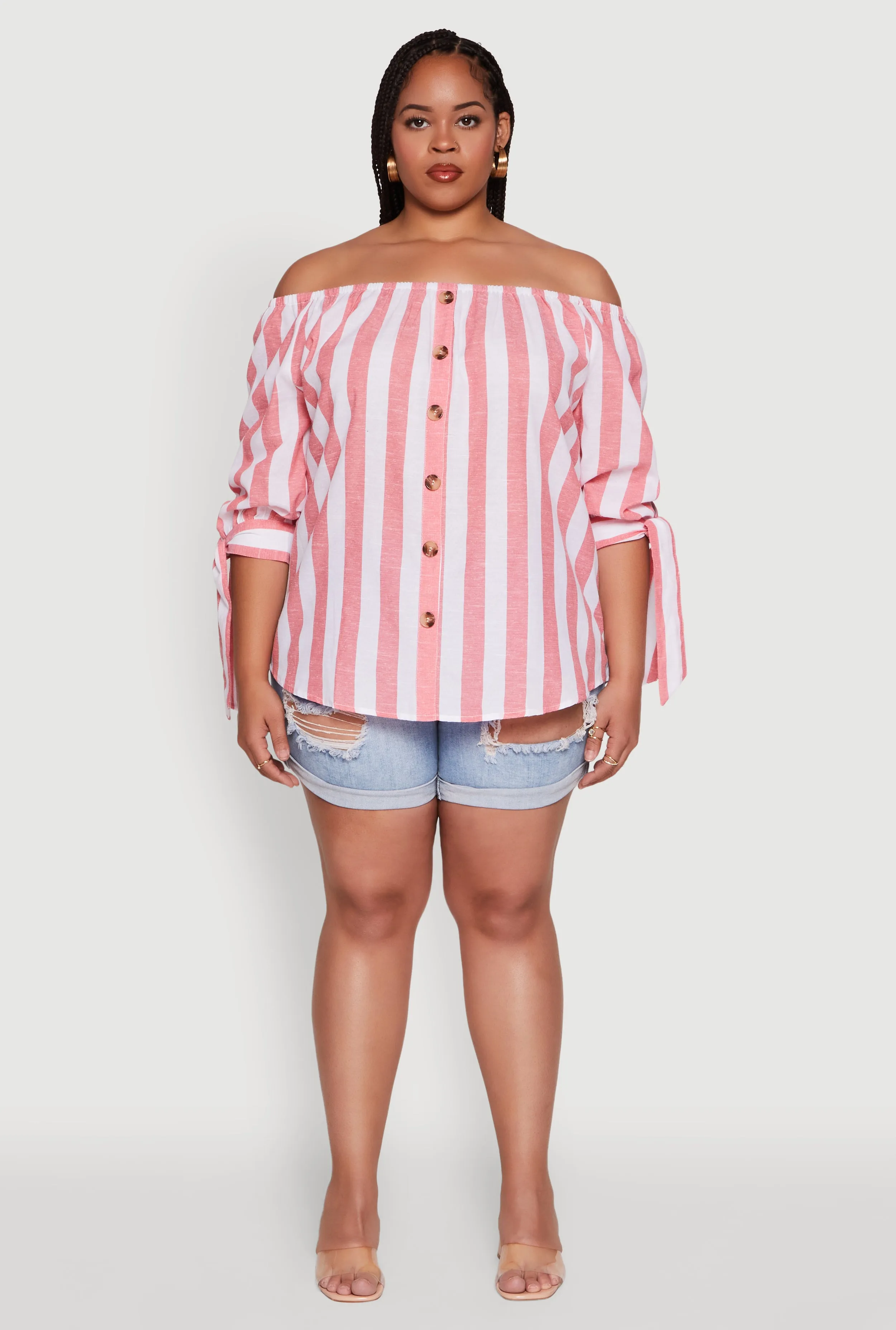 Plus Size Chic Off Shoulder Striped Blouse sold by Rainbow