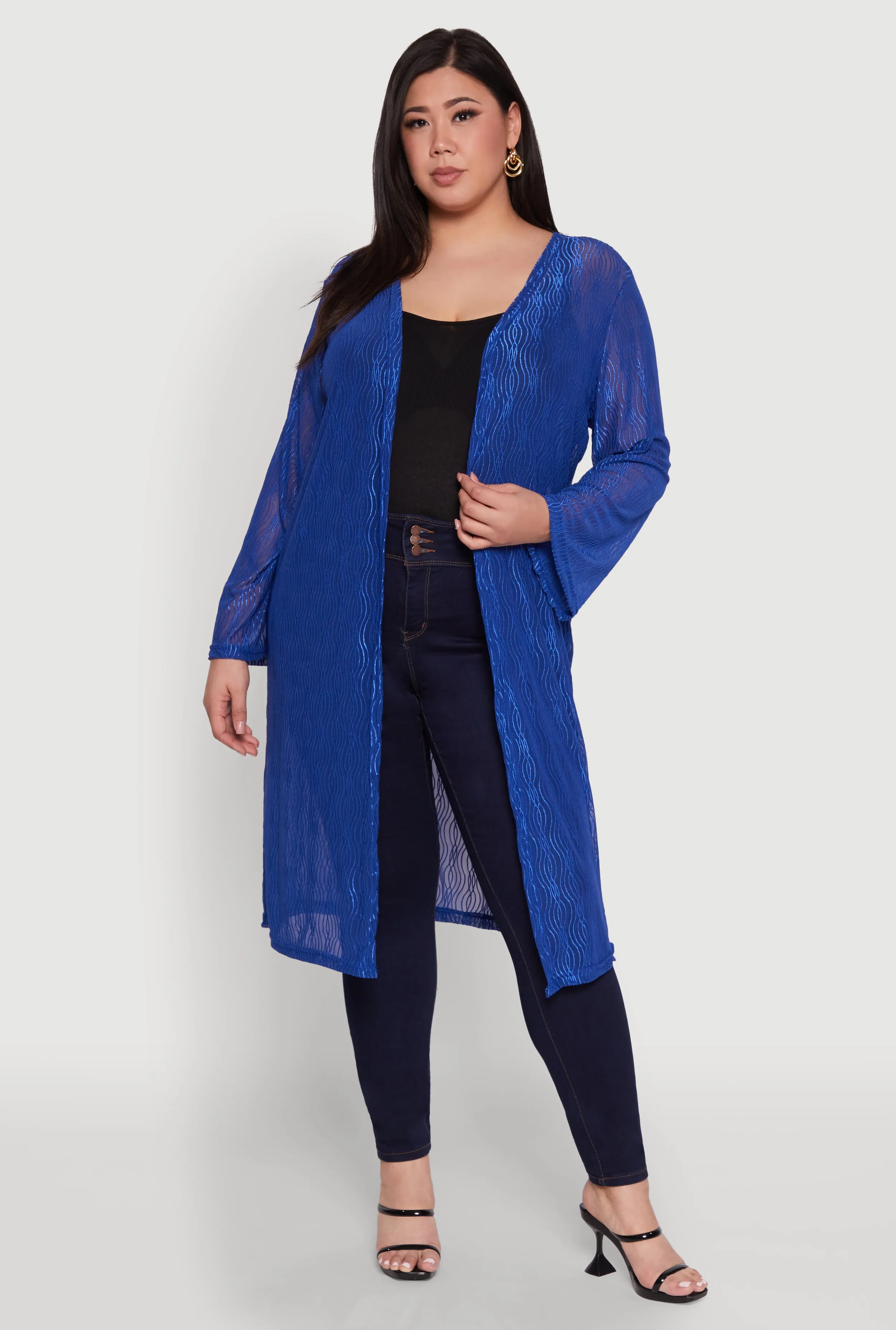 Plus Size Chic Wavy Stripe Mesh Duster sold by Rainbow