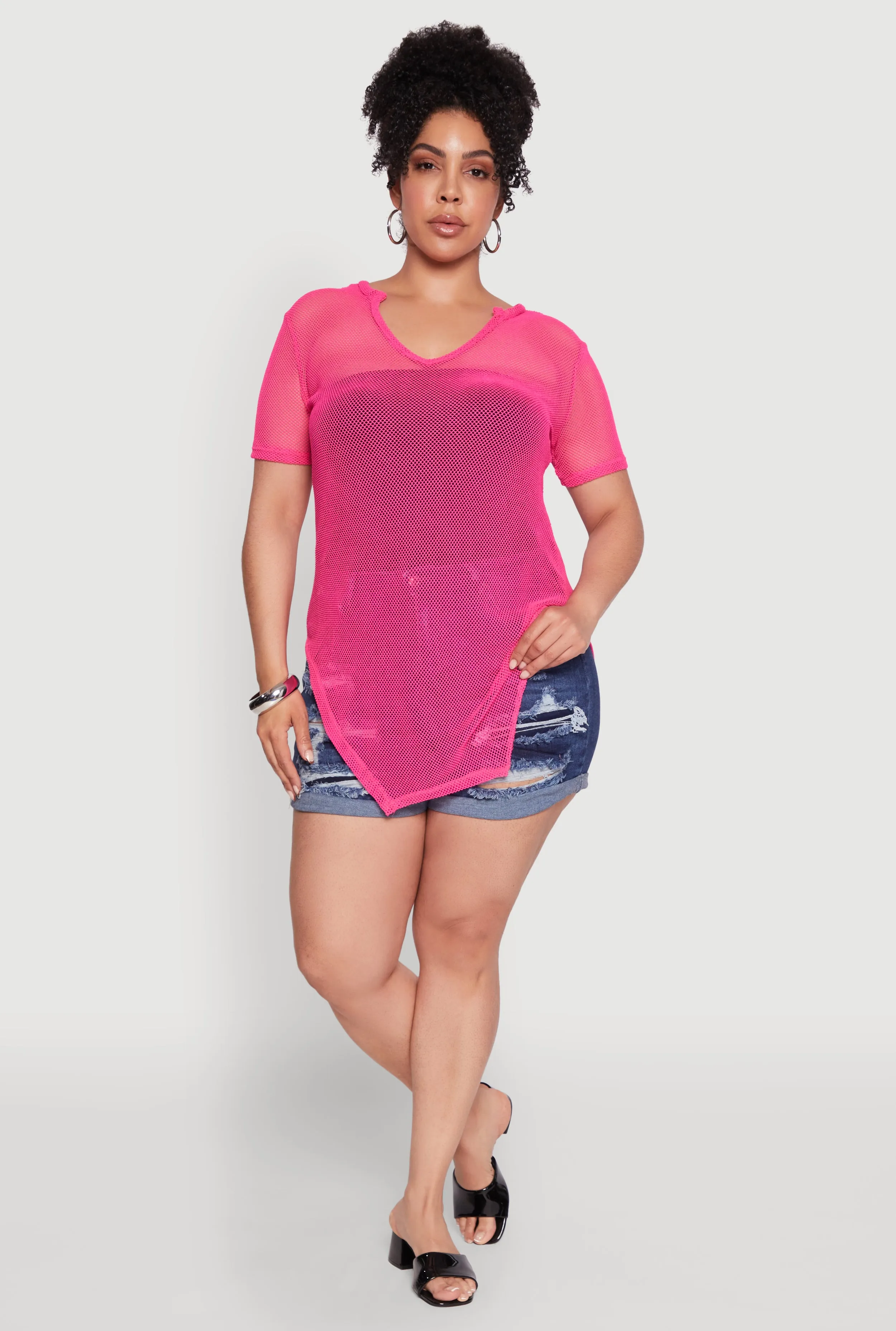 Plus Size Stylish Fishnet Hanky Hem Blouse sold by Rainbow