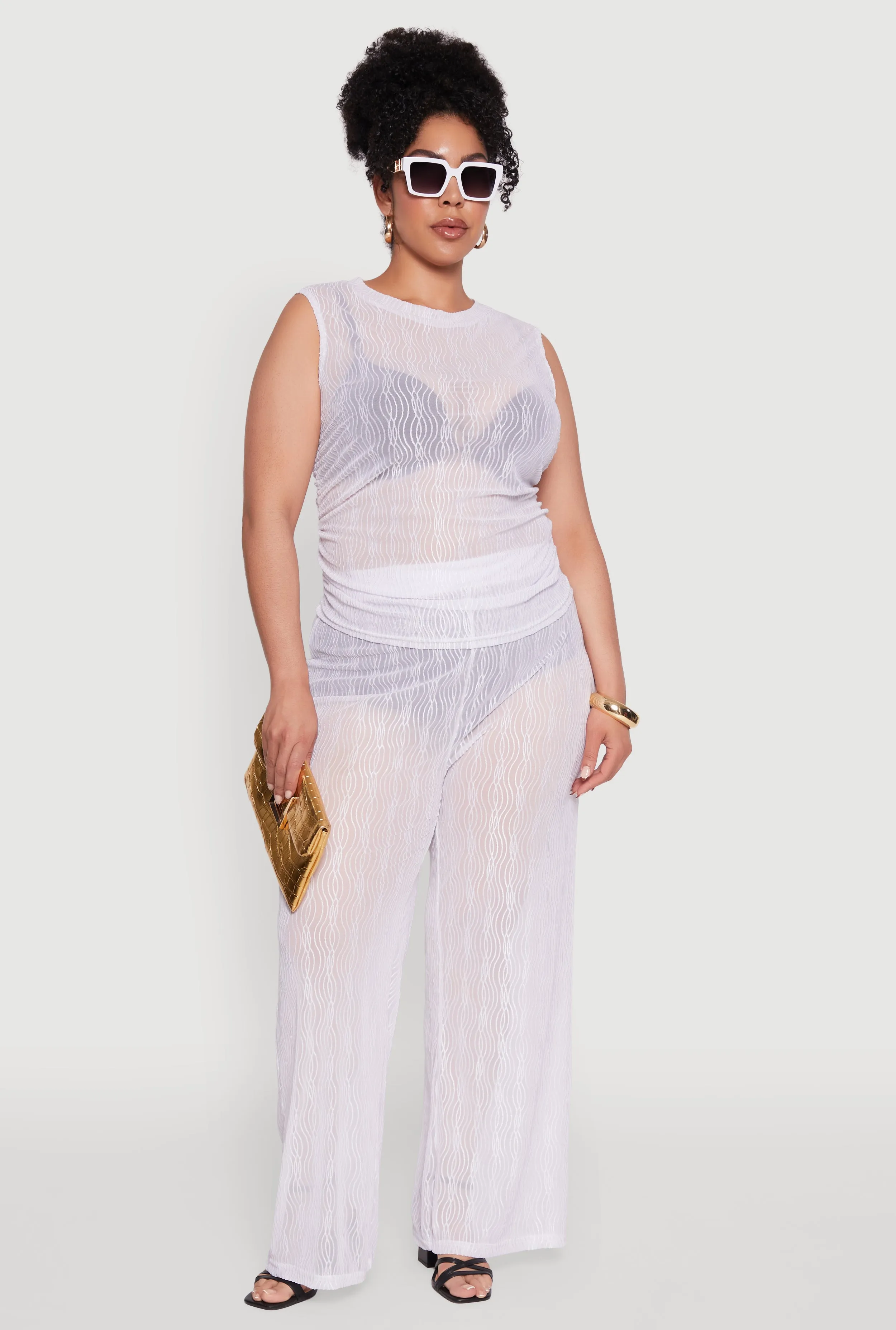 Plus Size Stylish High Waisted Wavy Stripe Mesh Palazzo Pants sold by Rainbow