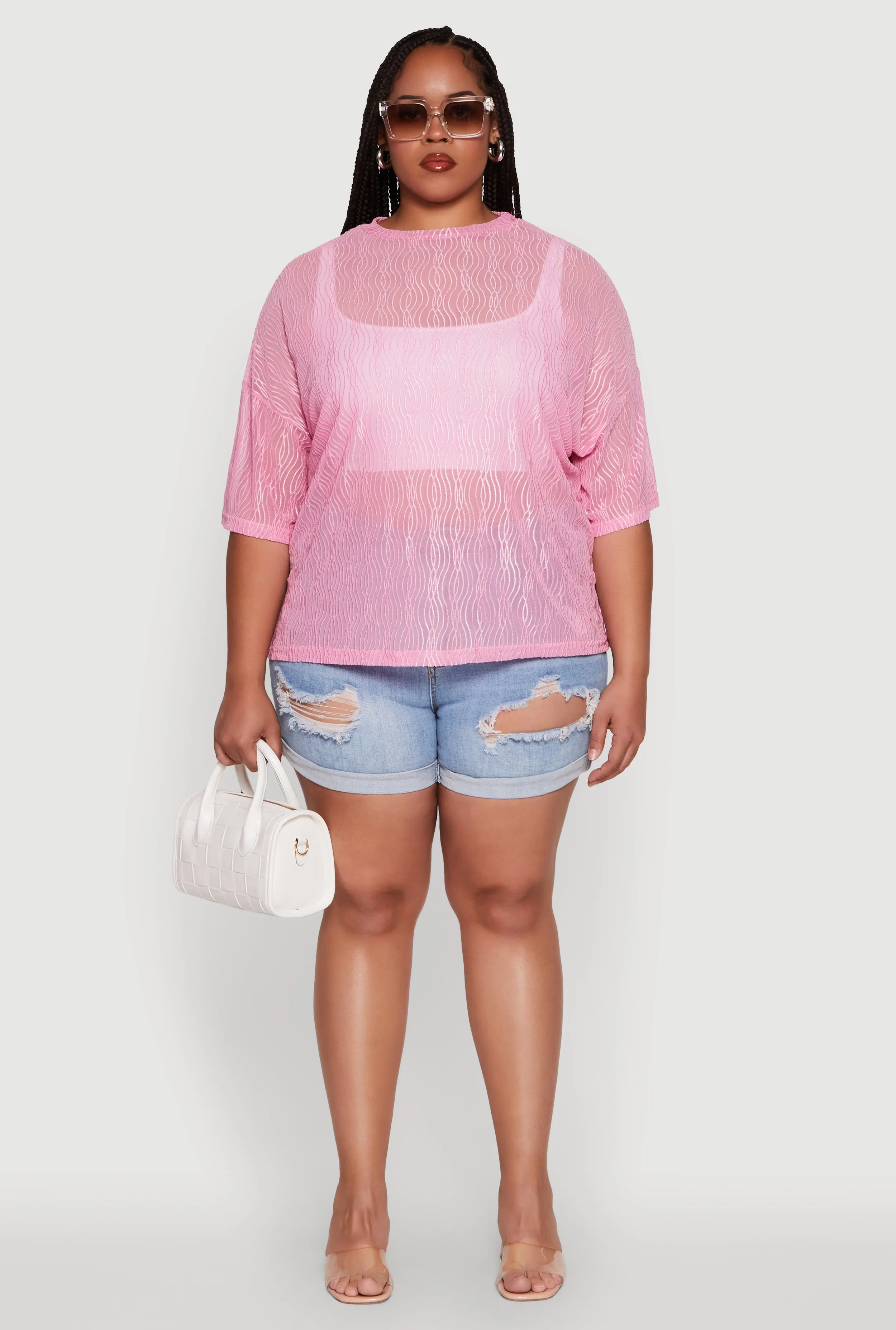 Plus Size Chic Sheer Mesh Blouse with Crew Neck and Short Sleeves sold by Rainbow product image thumbnail 3