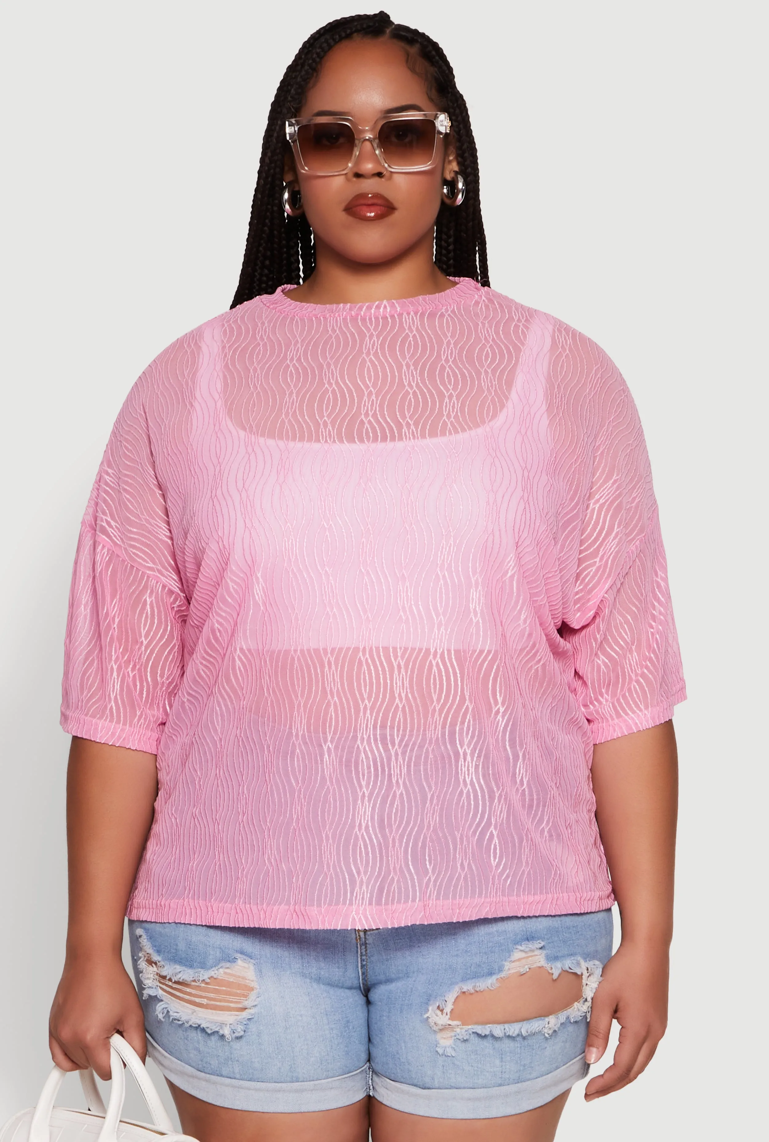 Plus Size Chic Sheer Mesh Blouse with Crew Neck and Short Sleeves sold by Rainbow product image thumbnail 2