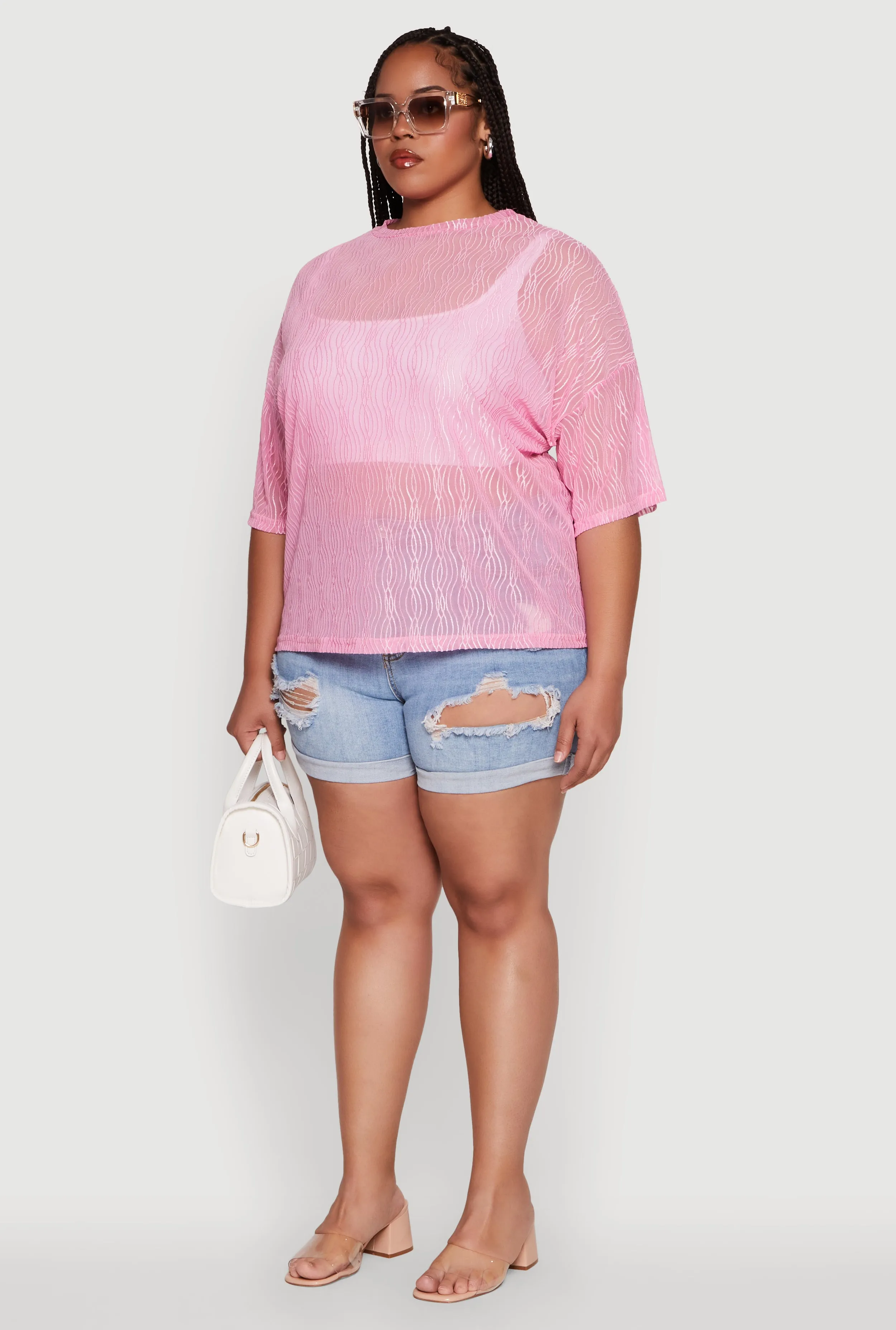Plus Size Chic Sheer Mesh Blouse with Crew Neck and Short Sleeves sold by Rainbow product image thumbnail 5