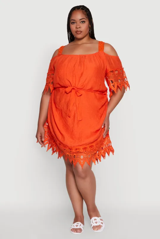 Plus Size Chic Crochet Detail Gauze Knit Cold Shoulder Dress sold by Rainbow