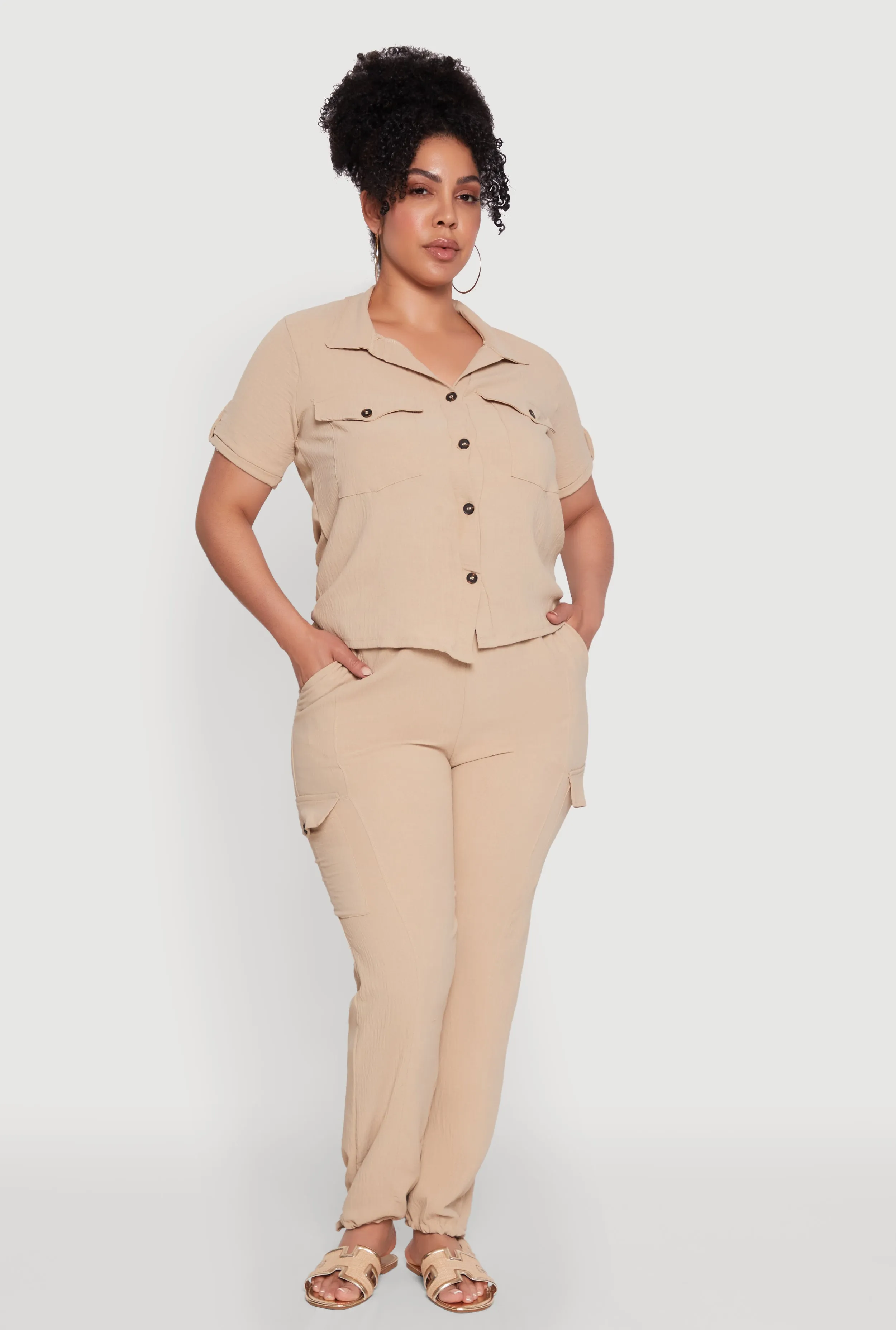 Plus Size Tabbed Sleeve Button Front Crepe Knit Shirt sold by Rainbow product image thumbnail 2