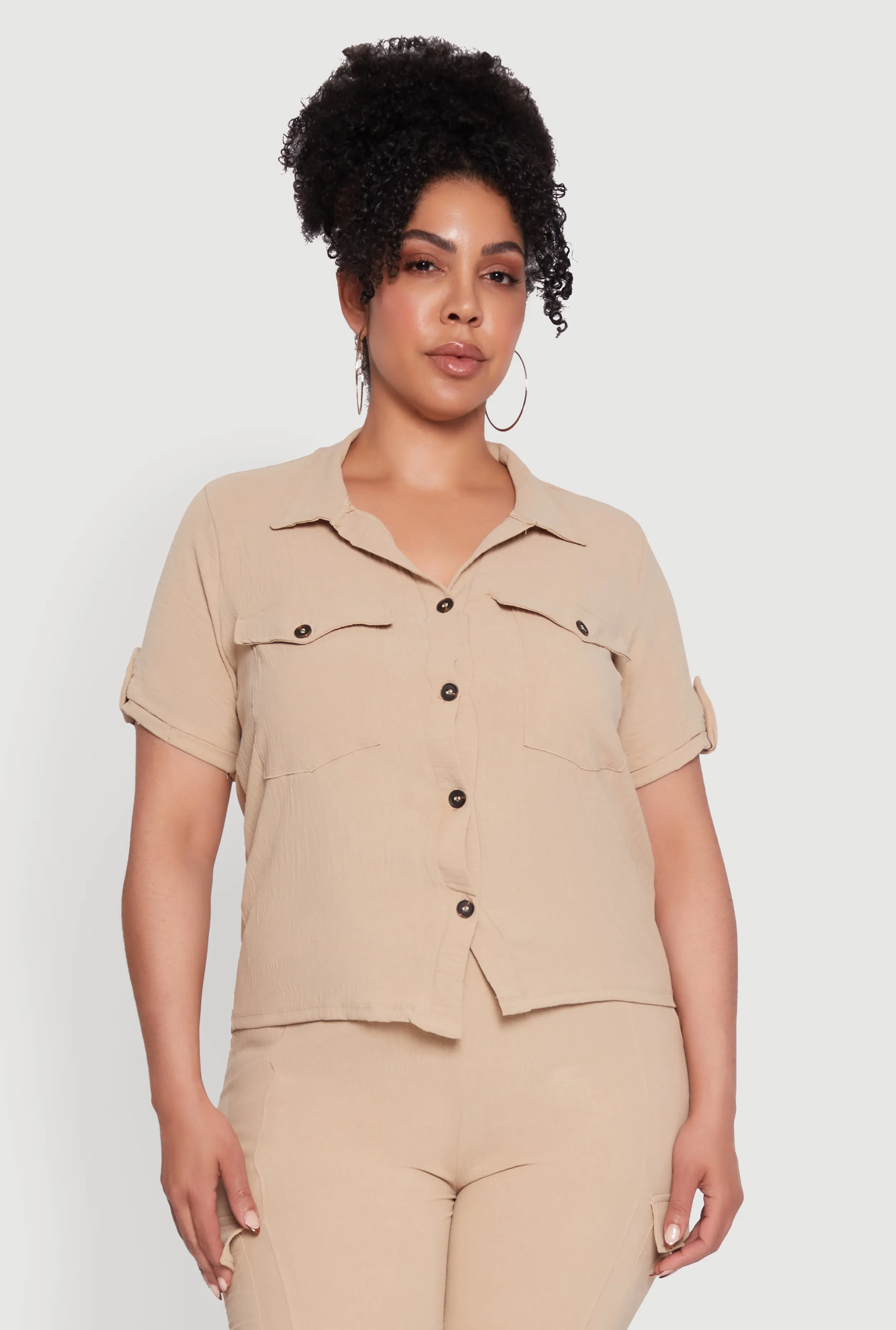 Plus Size Tabbed Sleeve Button Front Crepe Knit Shirt sold by Rainbow