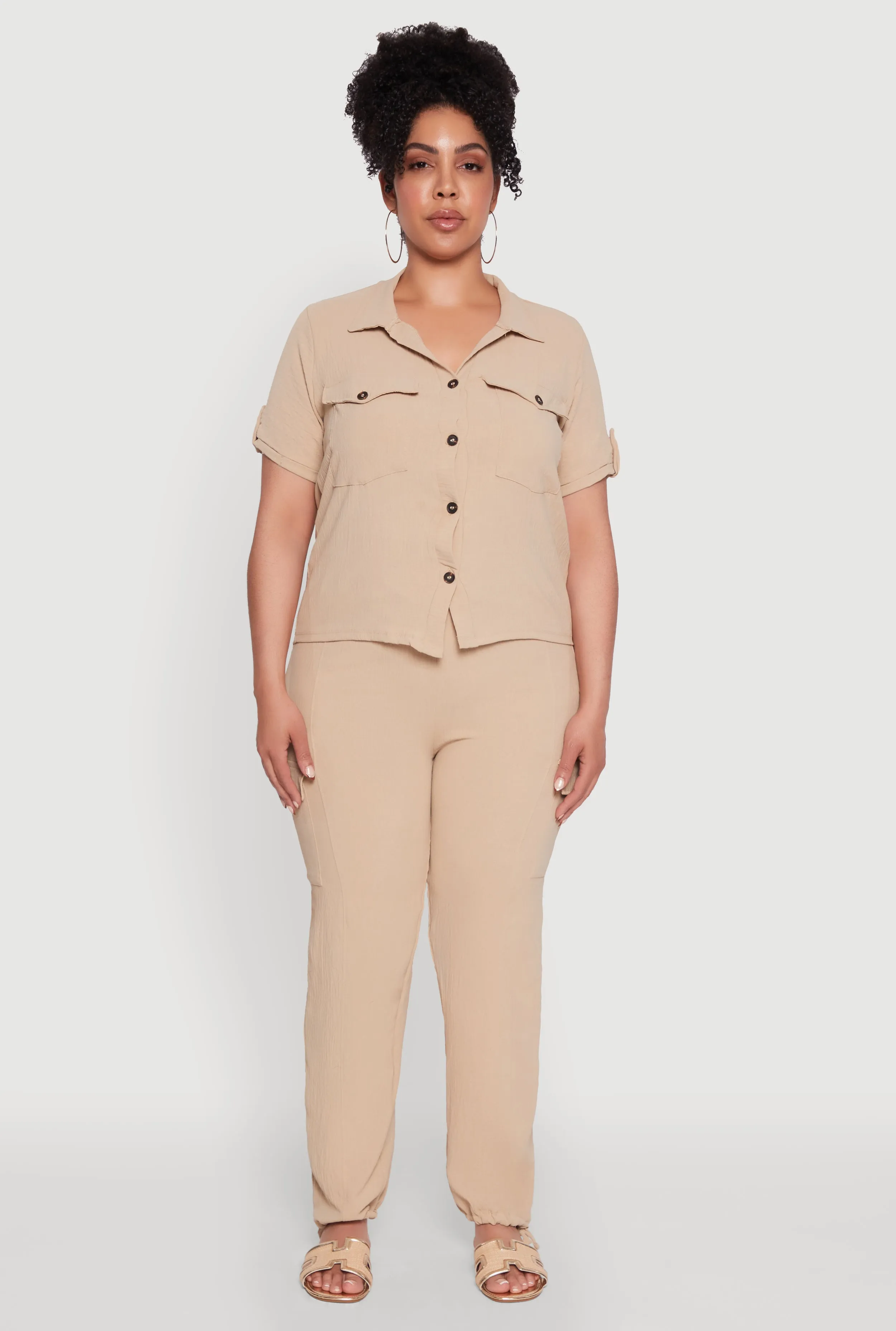 Plus Size Tabbed Sleeve Button Front Crepe Knit Shirt sold by Rainbow product image thumbnail 3