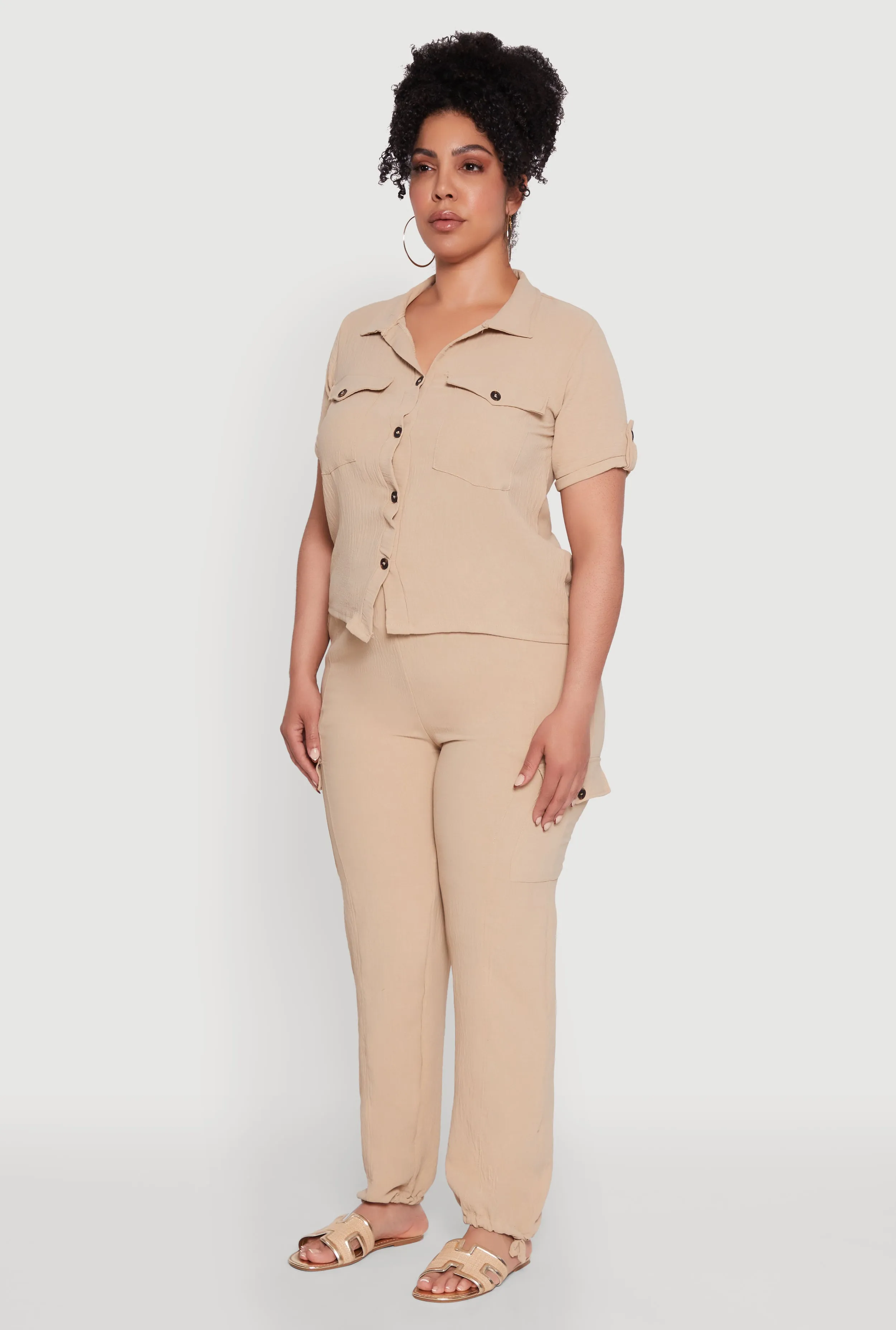 Plus Size Tabbed Sleeve Button Front Crepe Knit Shirt sold by Rainbow product image thumbnail 5