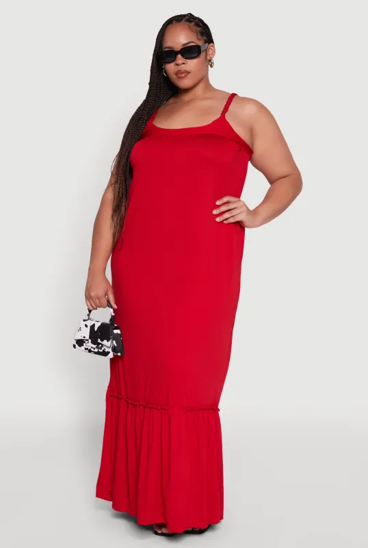 Plus Size Crepe Knit Cami Dress with Flounce Hem and Braided Straps sold by Rainbow