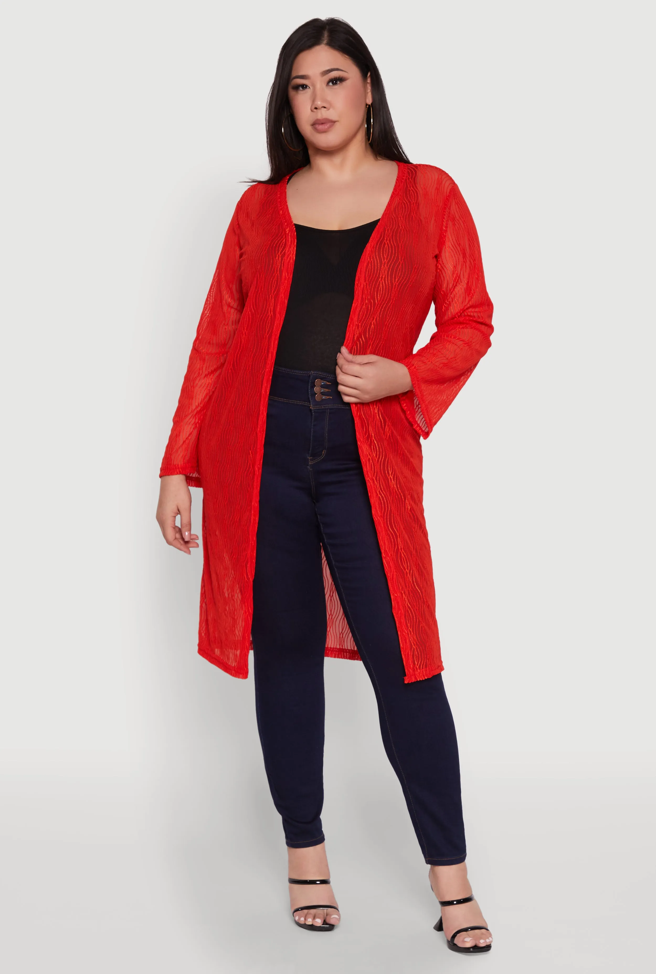 Plus Size Chic Wavy Stripe Mesh Duster sold by Rainbow