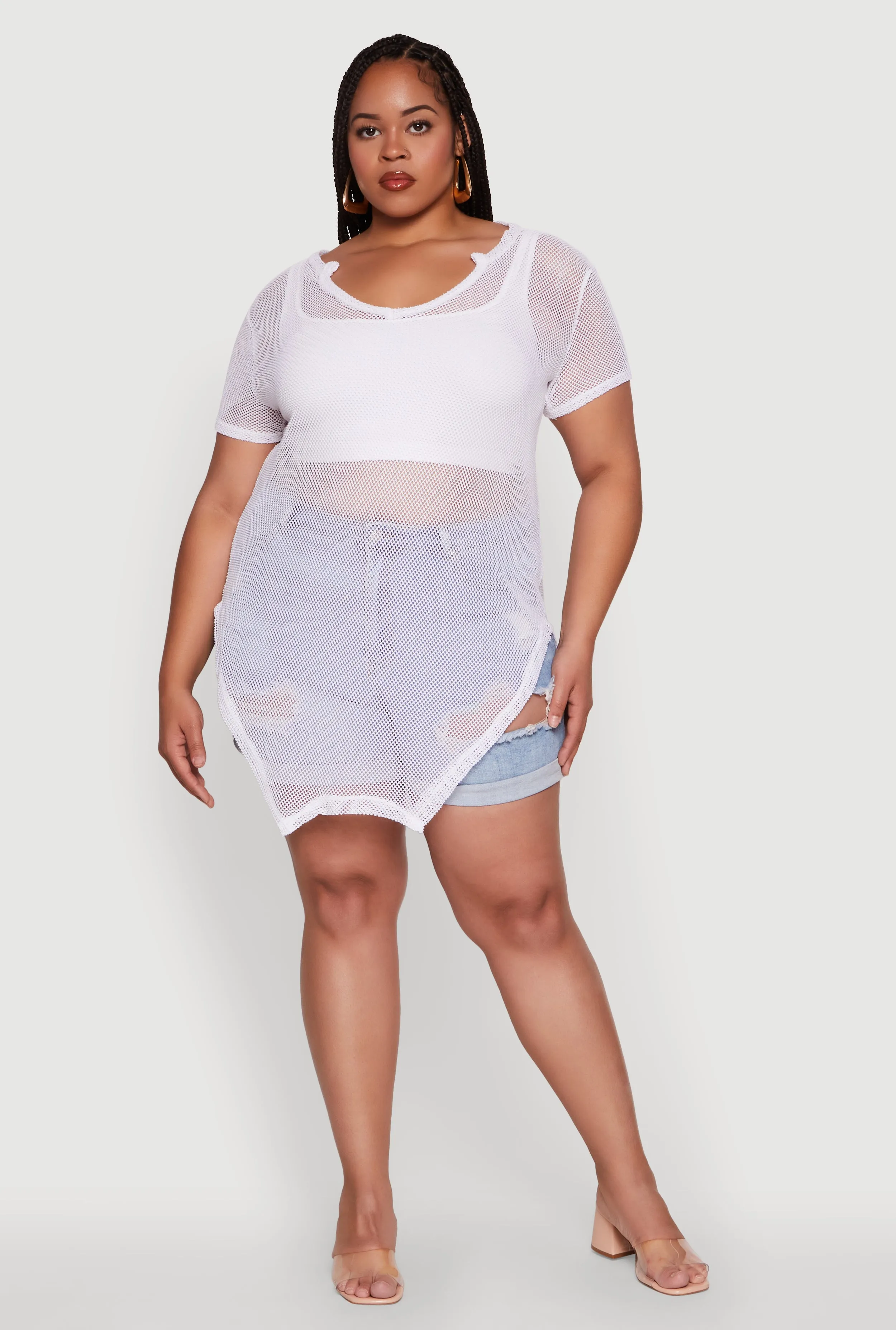 Plus Size Stylish Fishnet Hanky Hem Blouse sold by Rainbow