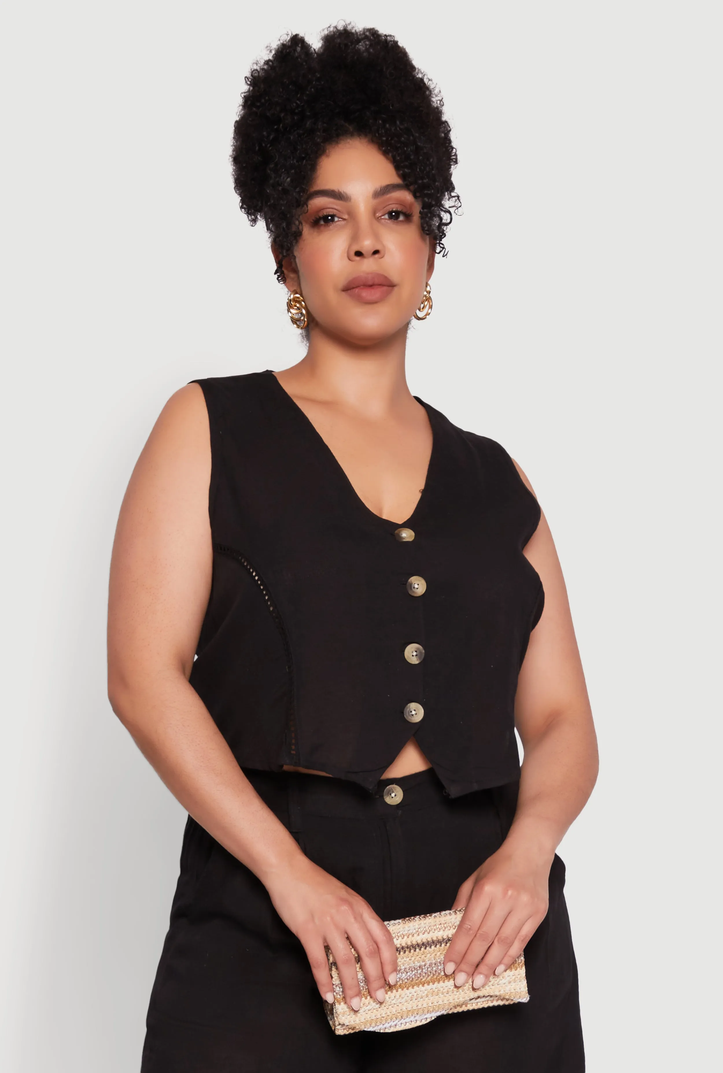 Plus Size Trendy Linen Crochet Detail Cropped Vest sold by Rainbow