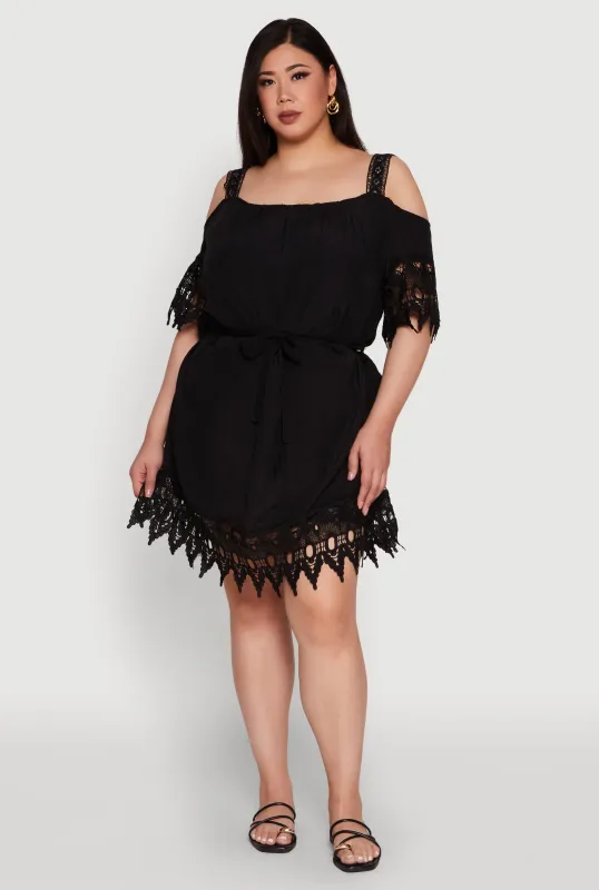 Plus Size Chic Crochet Detail Gauze Knit Cold Shoulder Dress sold by Rainbow