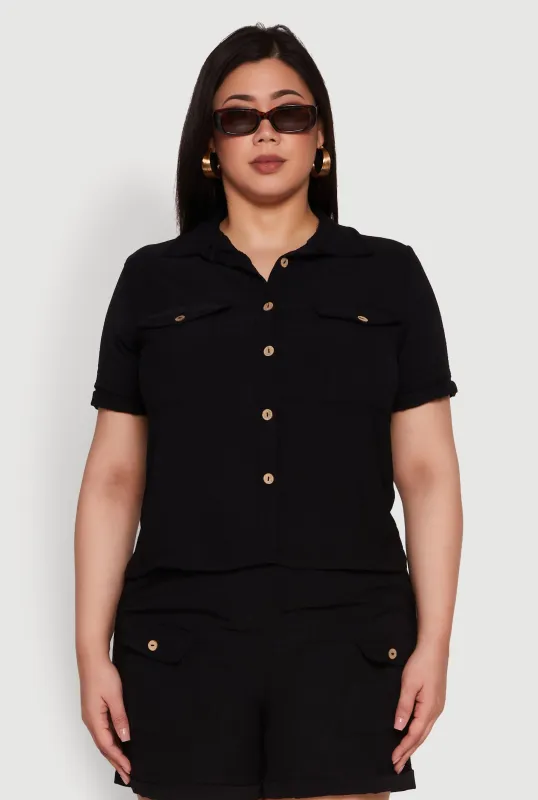 Plus Size Crepe Knit Cargo Pocket Button Front Shirt sold by Rainbow
