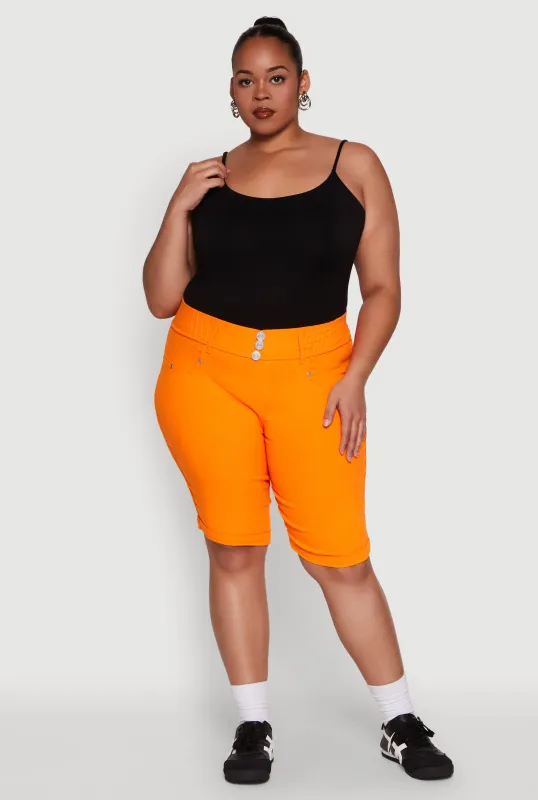 Plus Size Trendy Snatched High Waist Bermuda Shorts with Faux Buttons sold by Rainbow