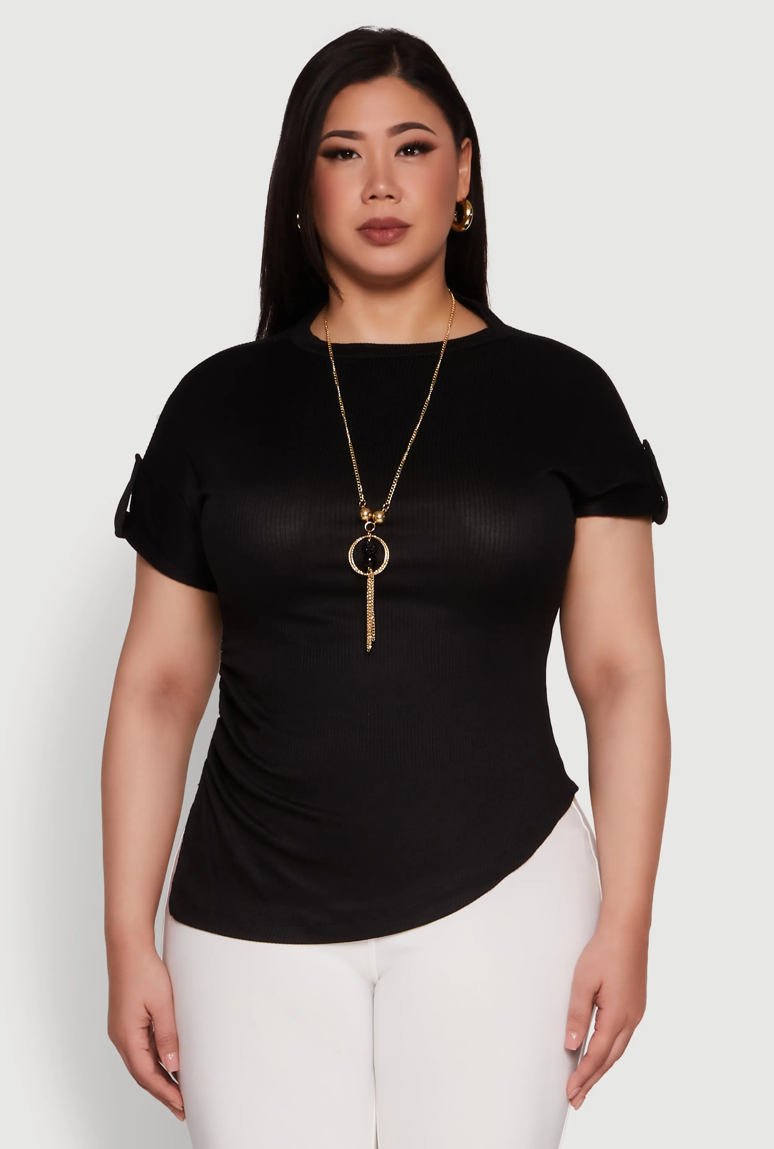 Plus Size Stylish Ribbed Knit Top with Asymmetrical Design and Necklace sold by Rainbow product image thumbnail 2