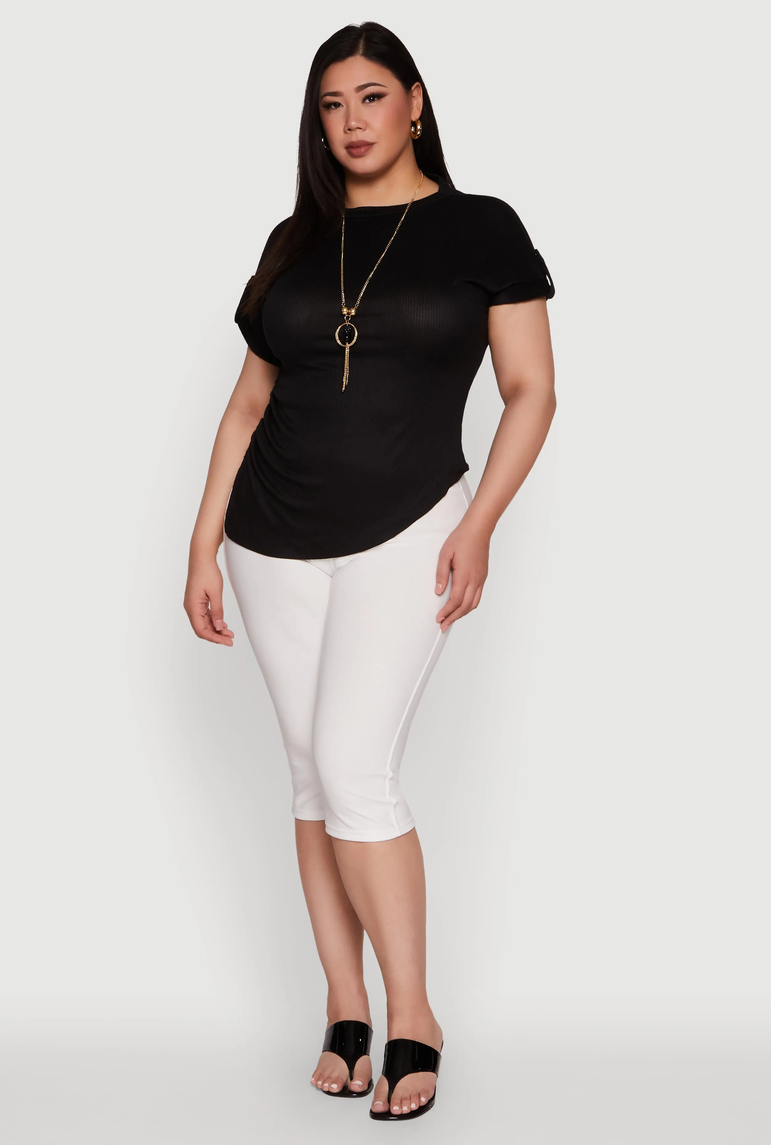 Plus Size Stylish Ribbed Knit Top with Asymmetrical Design and Necklace sold by Rainbow